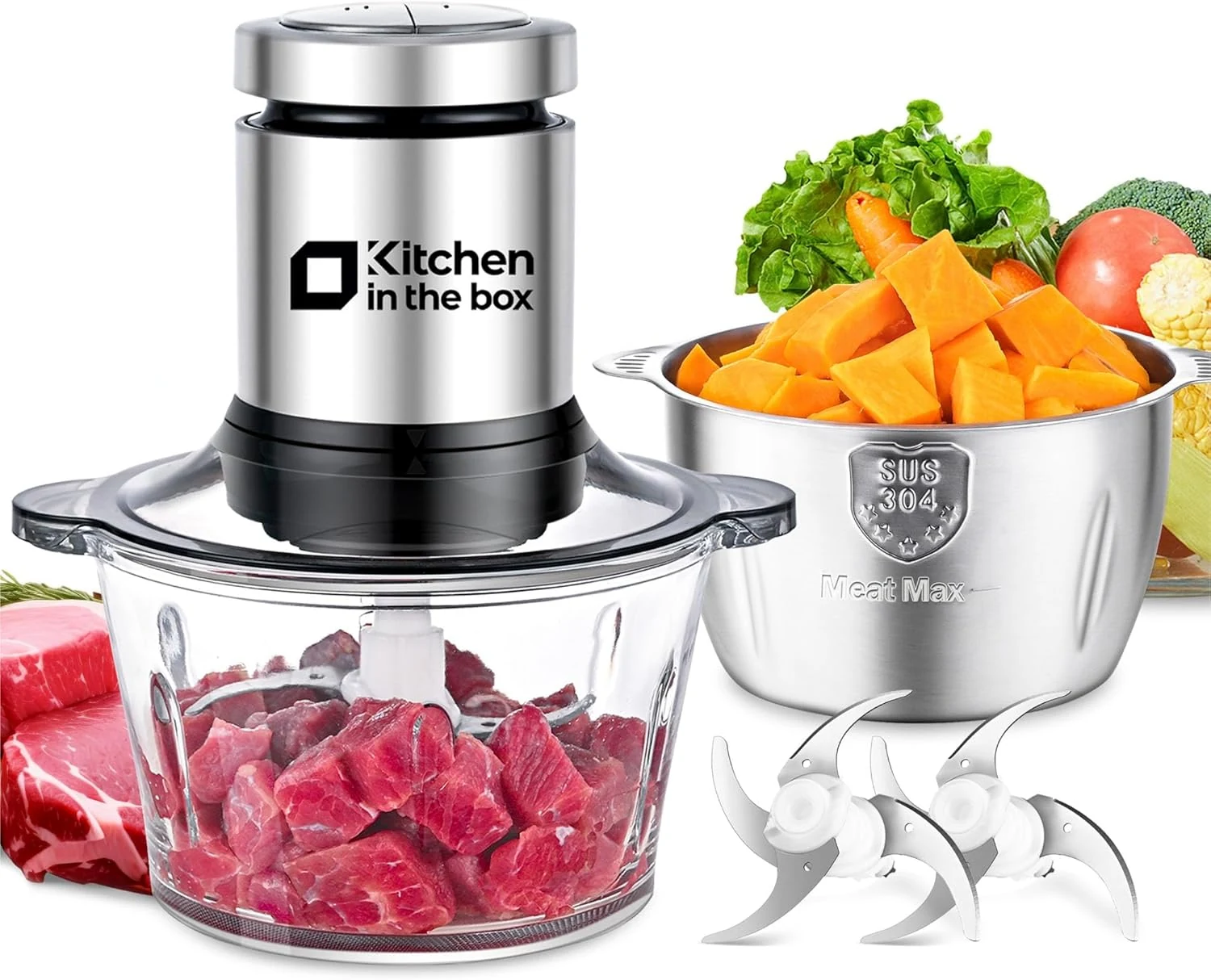 Kitchen in the box Food Processor, Electric Meat Grinder & Food Chopper with 400W Powerful Veggie Chopper-2 Bowls（8 Cup+8 Cup） & 2 Bi-Level Blades