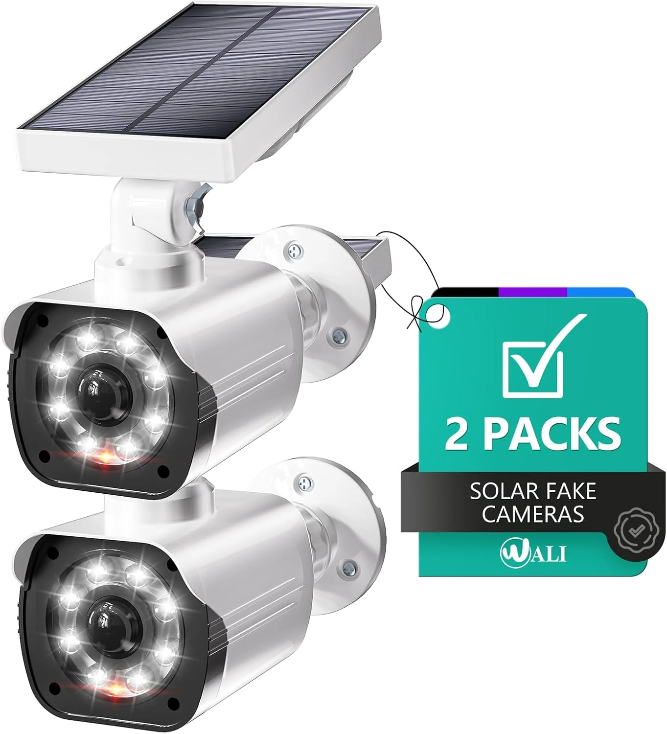 WALI Dummy Fake Camera, Security Camera with Motion Sensor Flood Light, Simulated Surveillance CCTV Dome Camera Indoor Outdoor (TCW2-SOL), 2 Packs, White-Solar