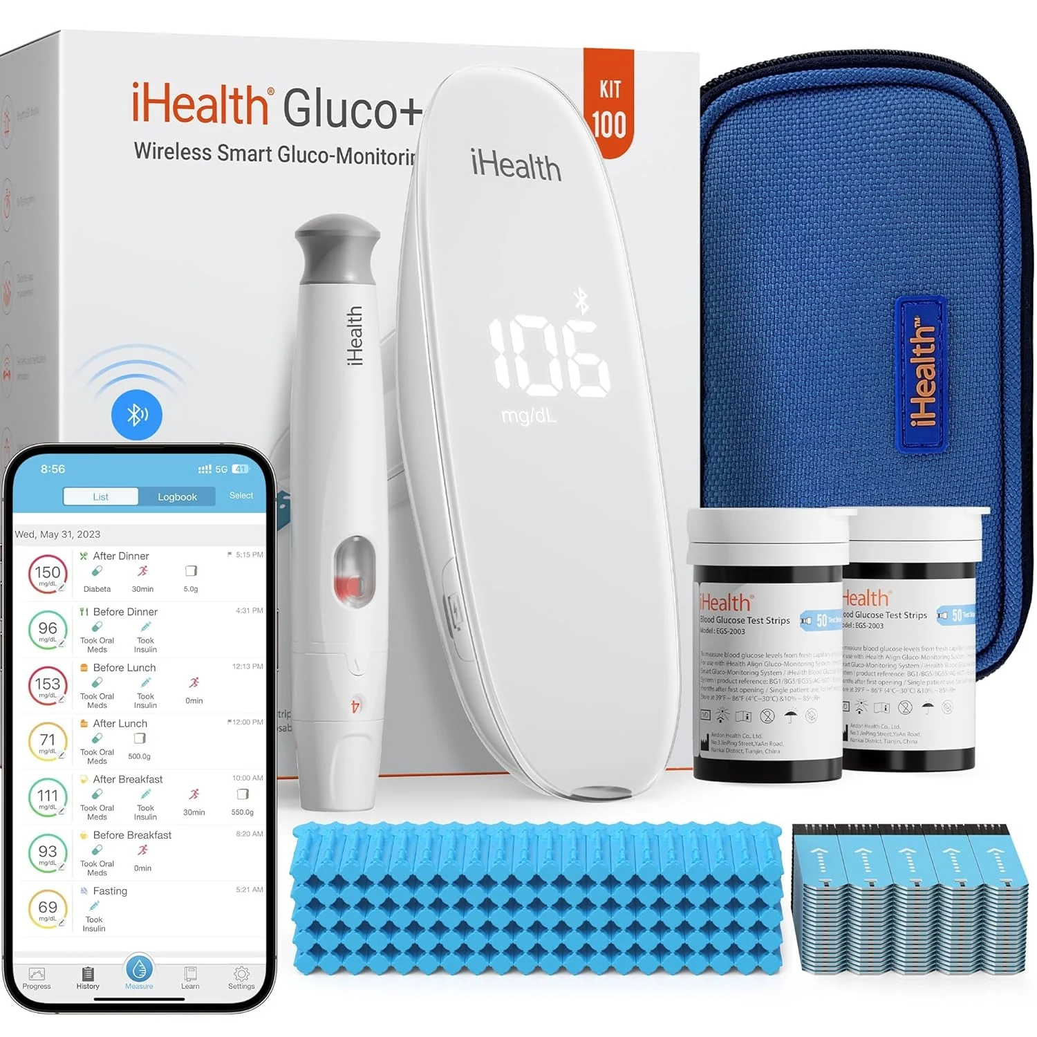 iHealth Gluco+ Wireless Smart Blood Glucose Monitor Kit with Free App