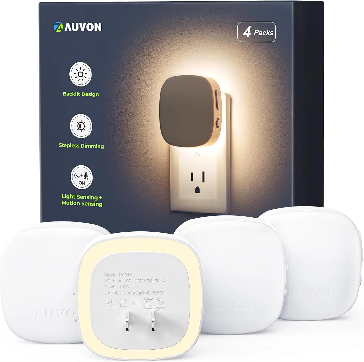 AUVON Plug-in LED Backlit Night Light with Motion Sensor & Dusk to Dawn Sensor (4 Packs)
