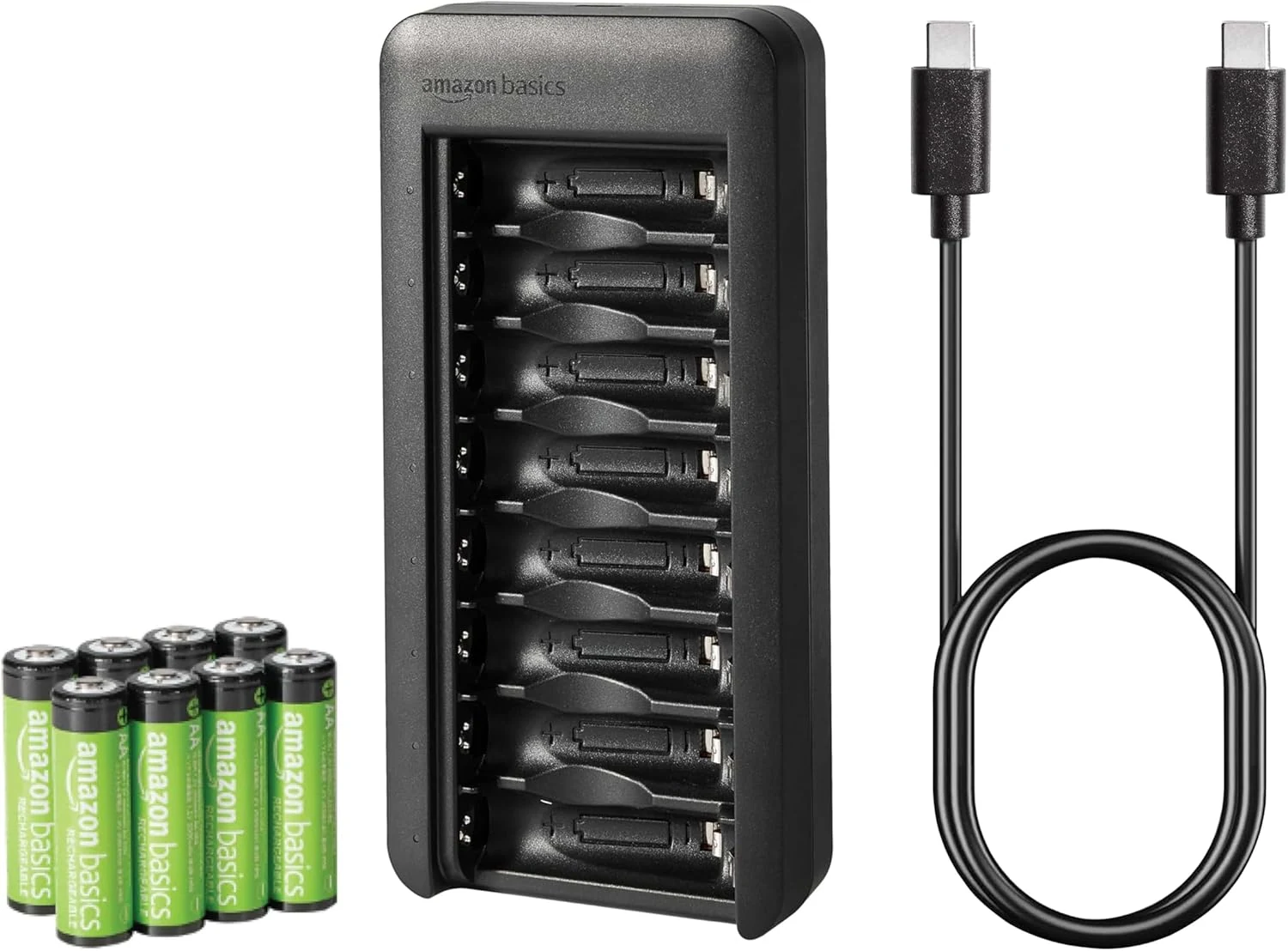 Amazon Basics Rechargeable AA Low Self Discharge NiMh Batteries with 8-Bay Battery Charger, USB-C Port, No AC Power Adapter, 8 Count, Black