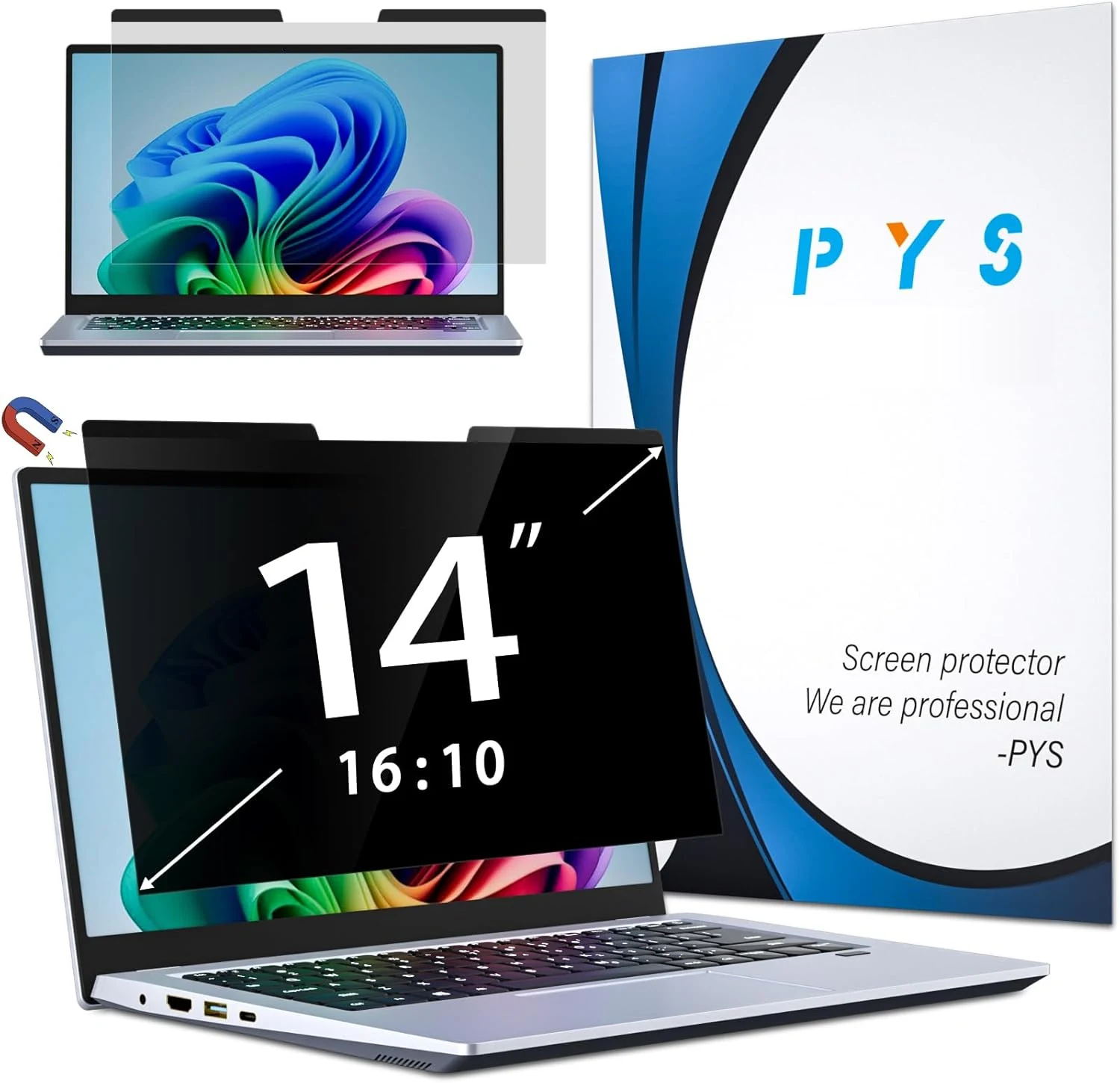 PYS 14 Inch 16:10 Magnetic Laptop Privacy Screen, Anti-Glare Blue Light