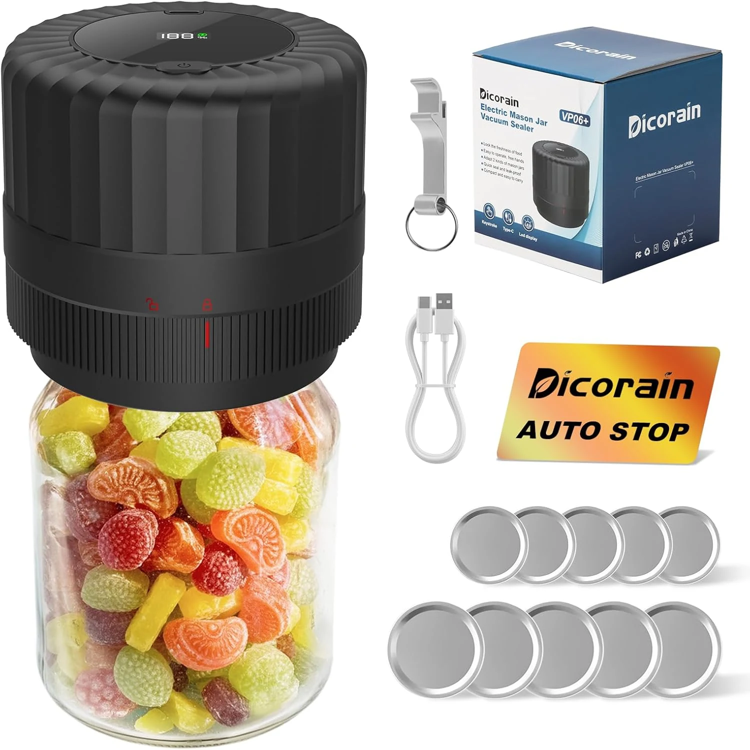 Electric-Mason-Jar-Vacuum-Sealer, Automatic Wide Mouth and Regular Mouth Mason Jar Vacuum Sealer Kit (VP06+)