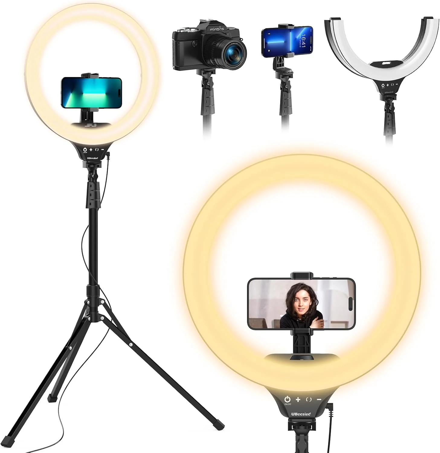 UBeesize 14'' LED Foldable Ring Light with 62'' Tripod Stand, Selfie Ring Light with Remote (Black)