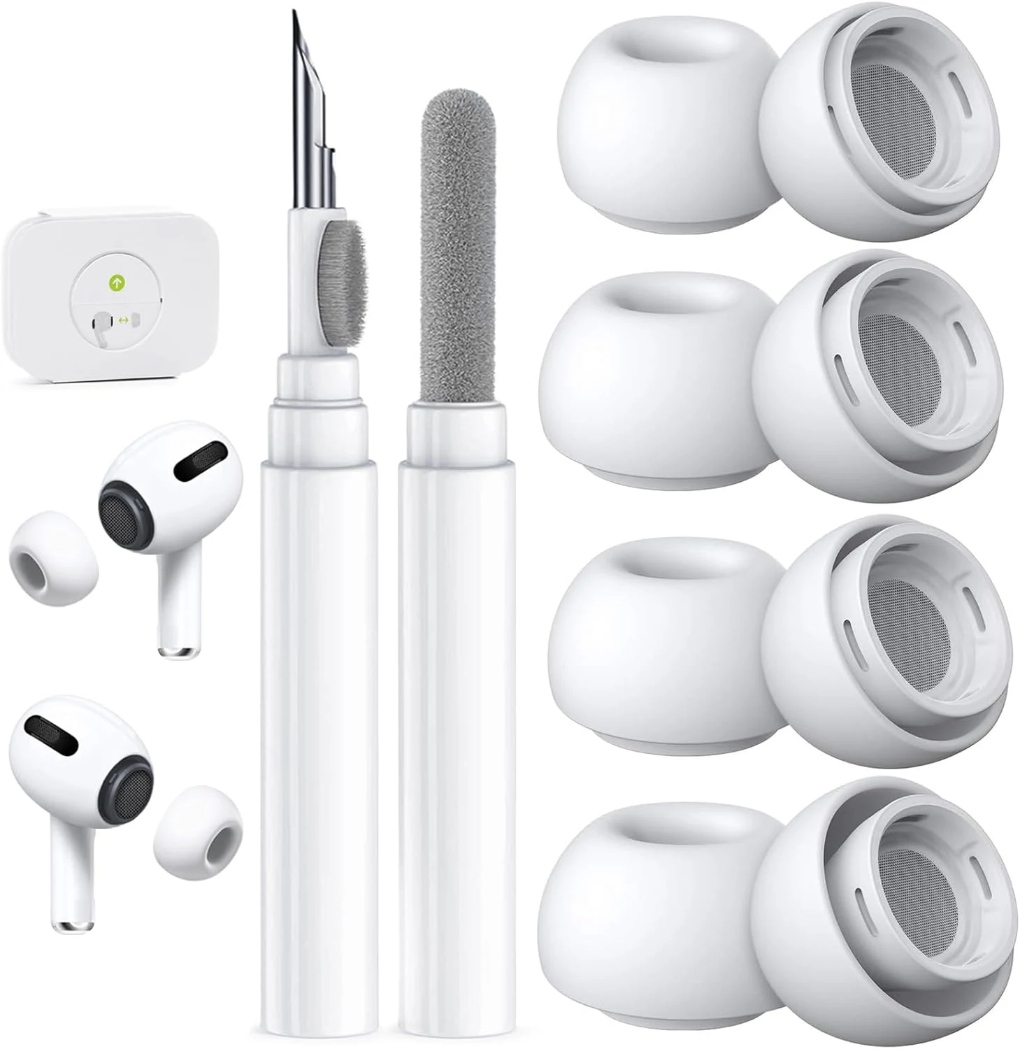 4 Pairs Replacement Ear Tips for AirPods Pro 2nd/1st with Cleaner kit,Noise Reduction Holewith & Built-in dust Guard Screen,4 Size XS/S/M/L (for AirPods Pro 2nd/1st -4Pairs White)