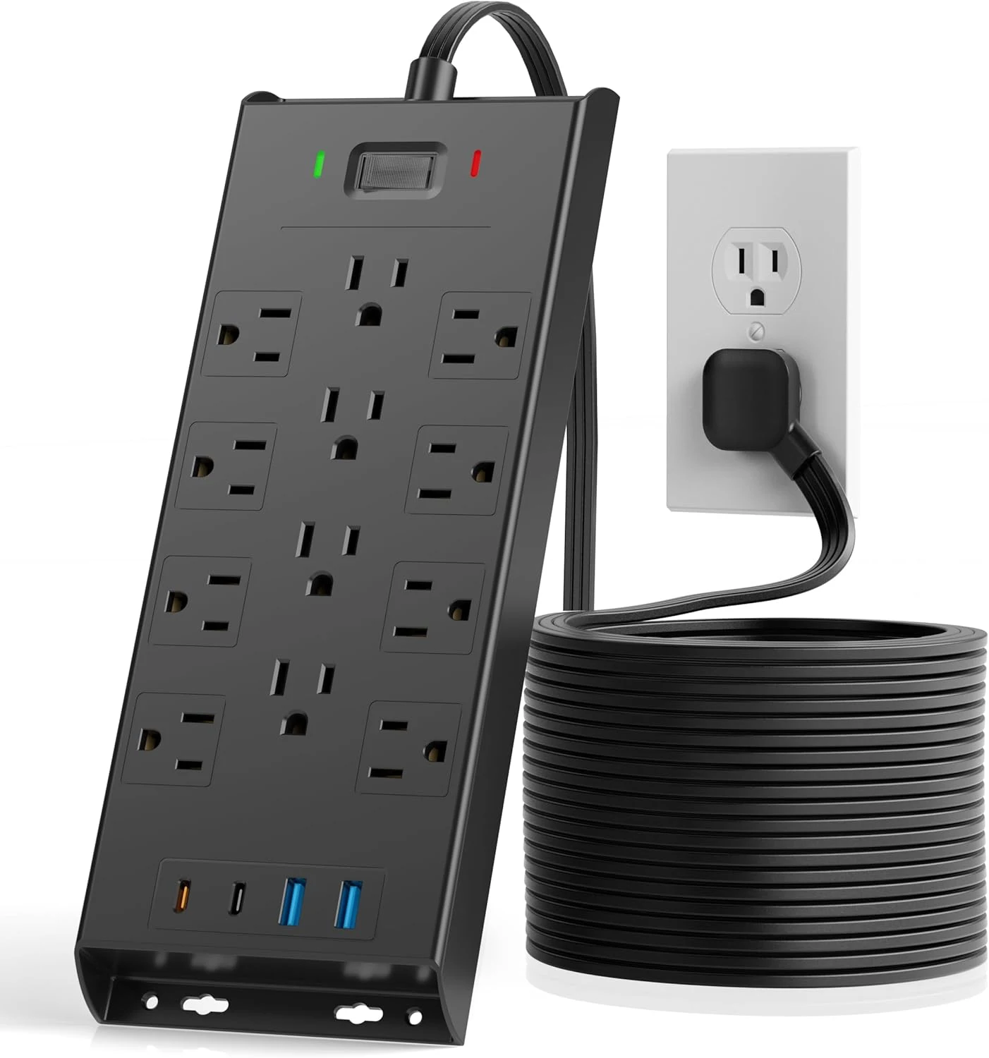 LeZone Surge Protector Power Strip 4800J (10Ft Flat Plug, 12 Outlets + 2 USB-C + 2 USB, 20W PD)