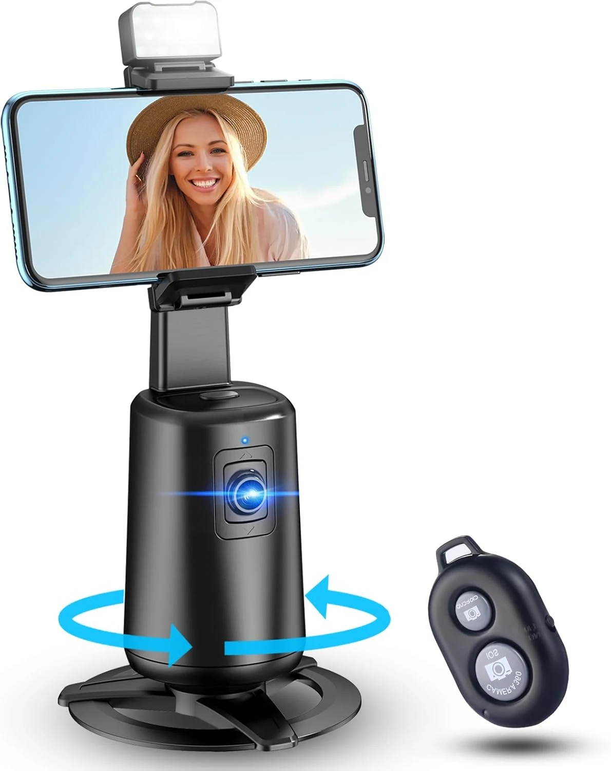 Auto Face Tracking Tripod 360° Rotating Cell Phone Photo and Video Kits Stand, No App, Camera Stand with Remote and Gesture Control