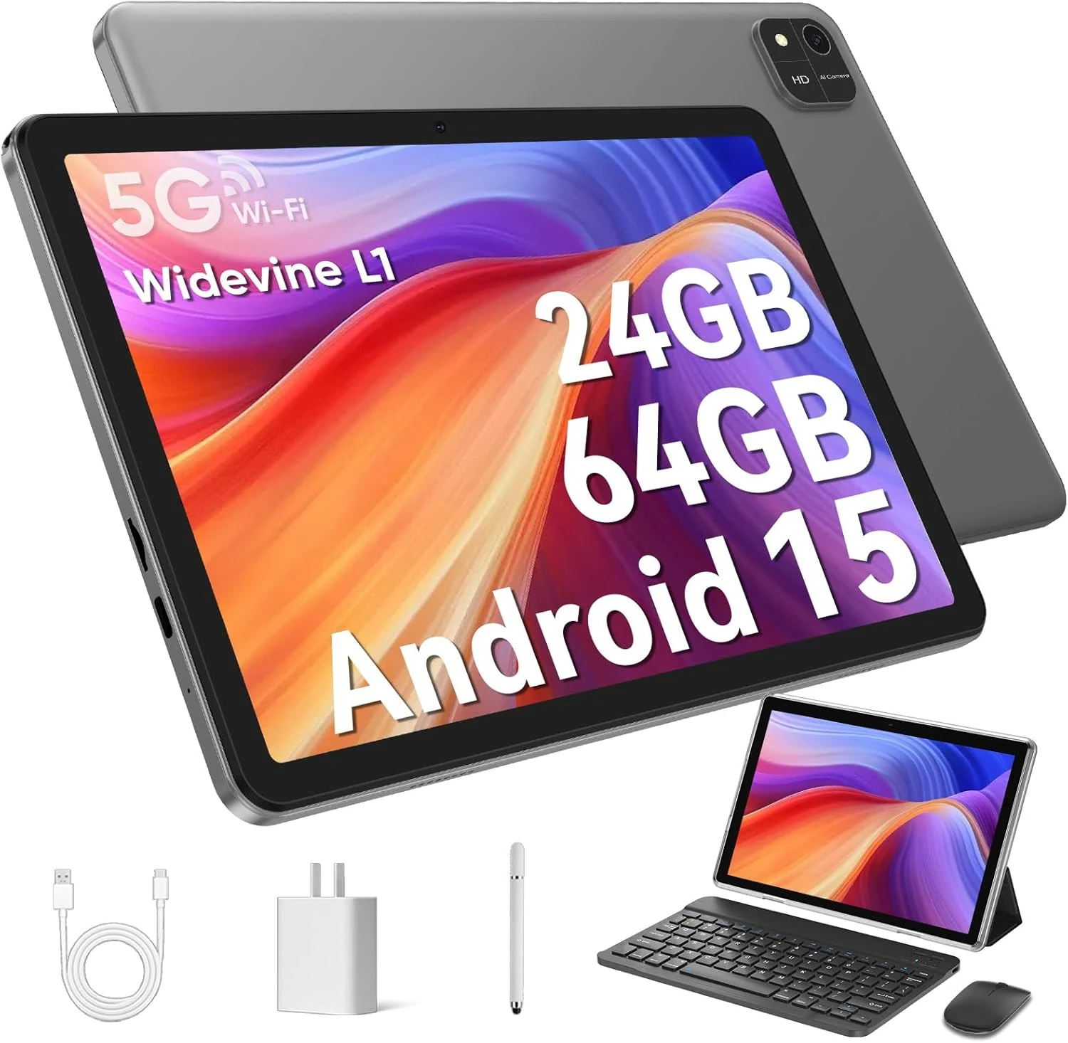 EDDBNi Android 15 Tablet 10.1 inch Tablet 2025 Latest Tablets with Keyboard Mouse 24GB+64GB 2TB Expand 6000mAh Octa-Core Processor Dual Camera WiFi 1280x800 IPS 18W Fast Charging (Black)