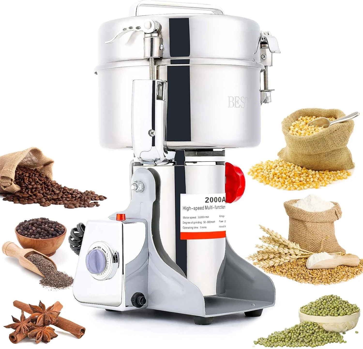 BI-DTOOL Electric Grain Mill Grinder 2000g Stainless Steel Pulverizer 36000r/min