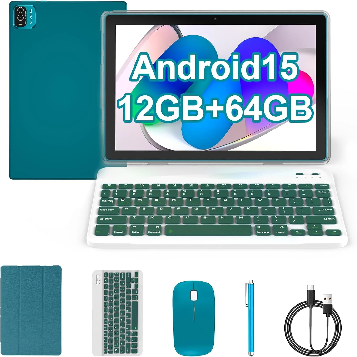 COOPERS Tablet Android 15, 10 inch Tablet 12GB RAM+64GB ROM Max 1TB, 1.8Ghz Quad-core Processor, 5G WiFi6, 6000mAh Battery Dual Camera, 2 in 1 Tablets with Keyboard Case Mouse Stylus, Widevine L1 Blue