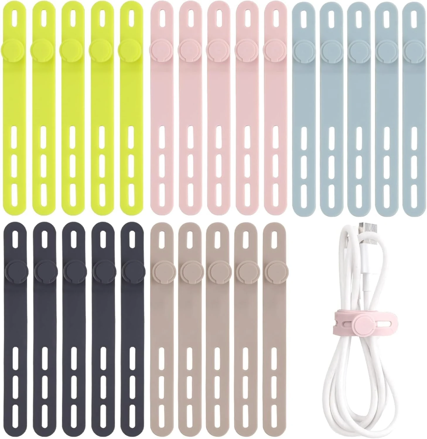 Oligei 25 Pcs Silicone Cable Ties, Cable Ties Reusable, High Elasticity Cord Wraps for Electrical Cords, Cord Organizer for Earphone, Phone Charger