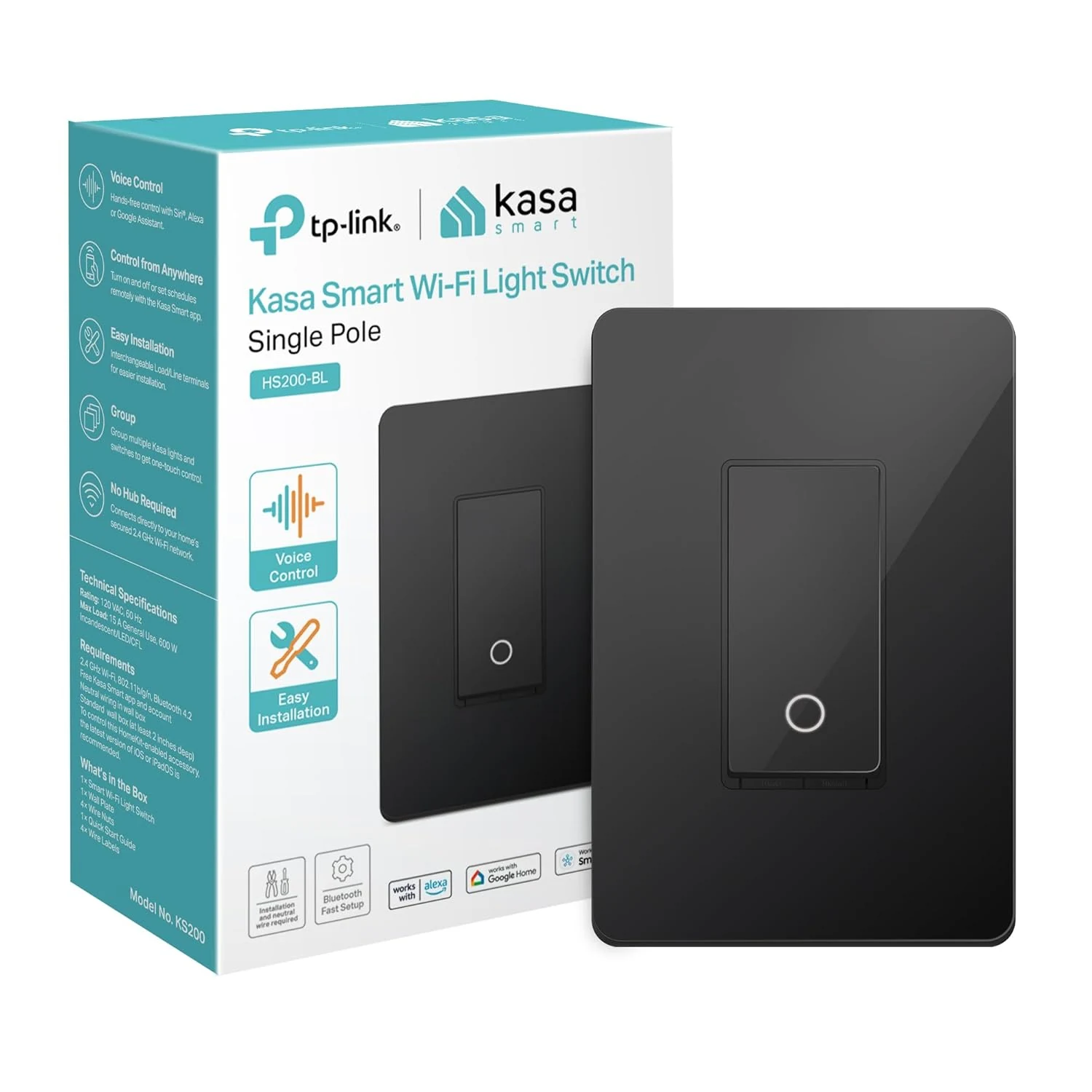 Kasa Smart Light Switch HS200-BL, Single Pole, Neutral Wire Required, 2.4GHz Wi-Fi Light Switch (Black)