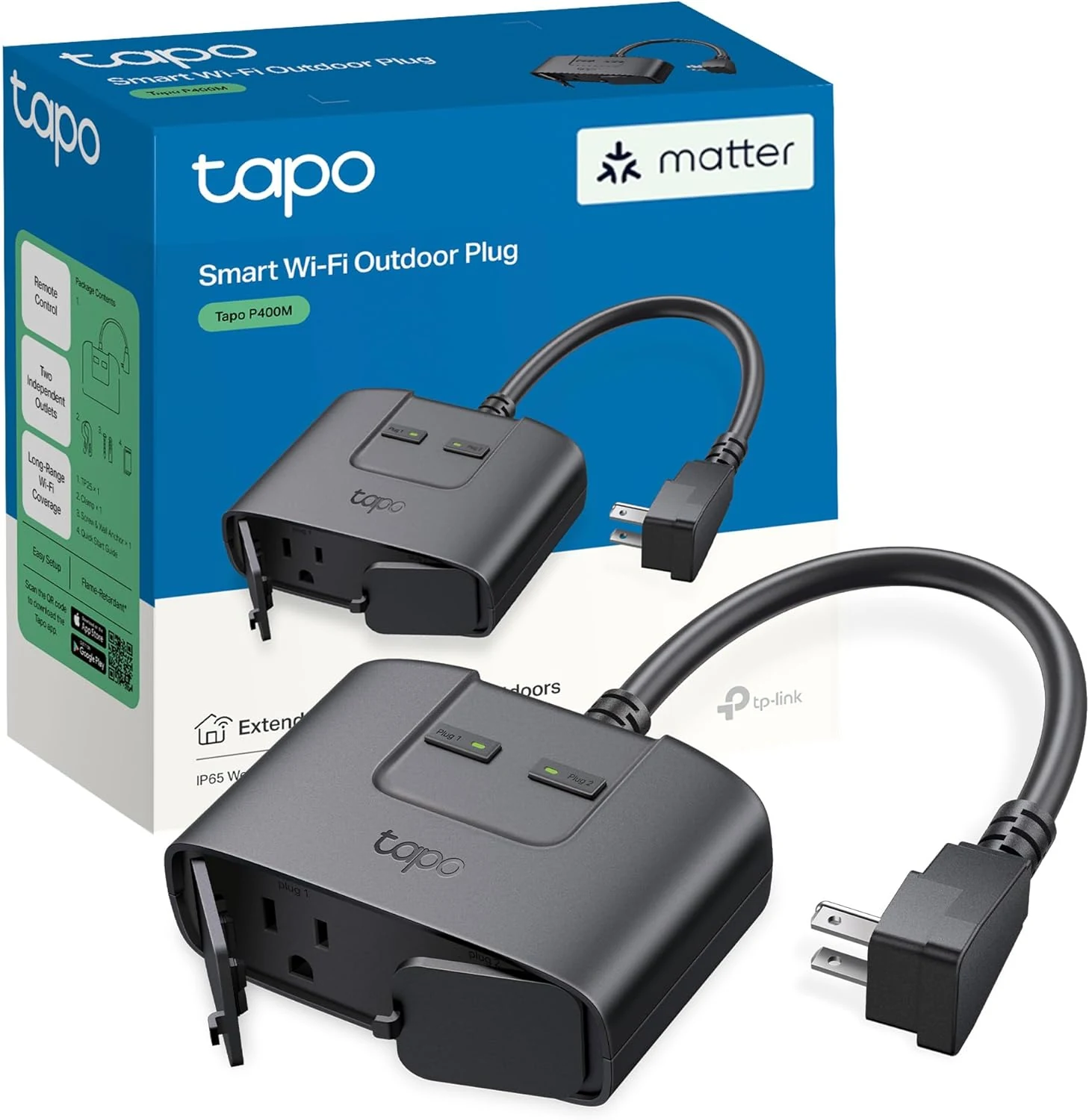 TP-Link Tapo Matter Outdoor Smart Plug, 2 Individual Outlets, IP65 Weather Resistance (Tapo P400M)