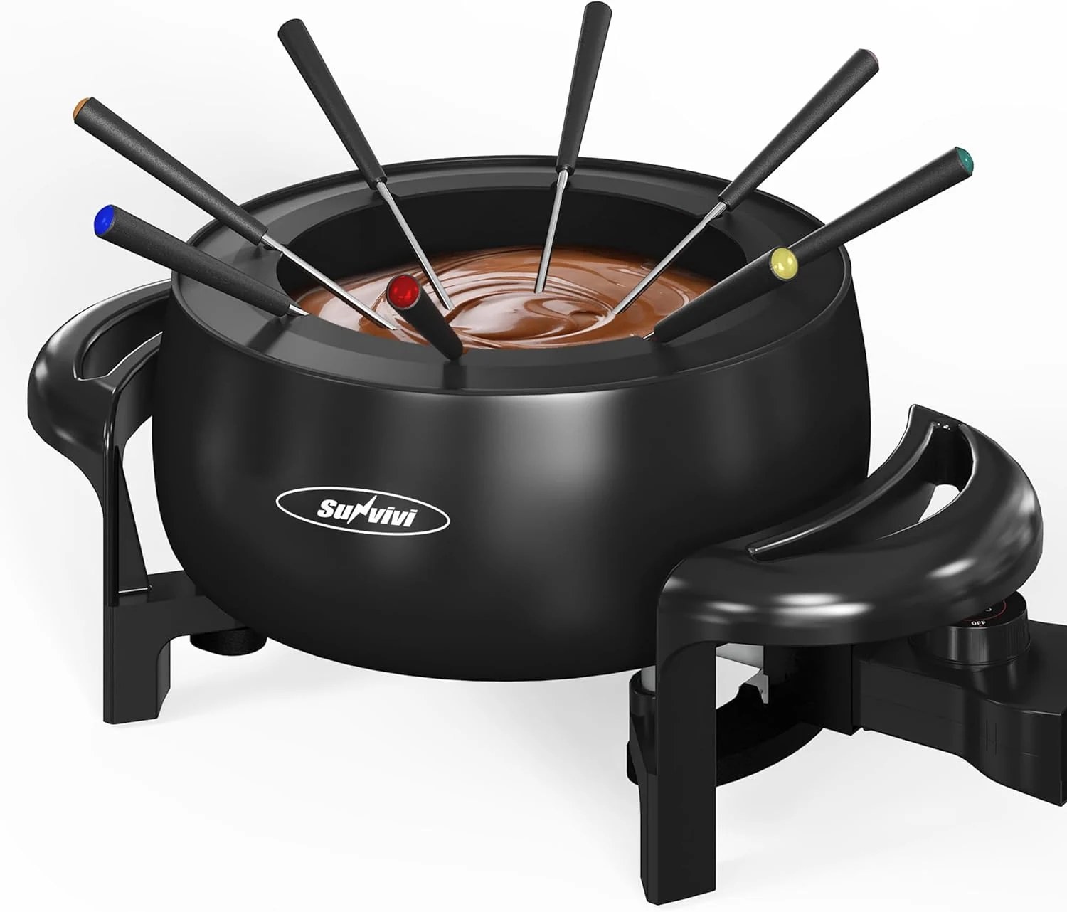 Sunvivi 3 Quart Electric Fondue Pot Set for Melting Chocolate Cheese with Adjustable Temperature Control and 8 Color-Coded Forks, 1000W Non-Stick Fondue Maker