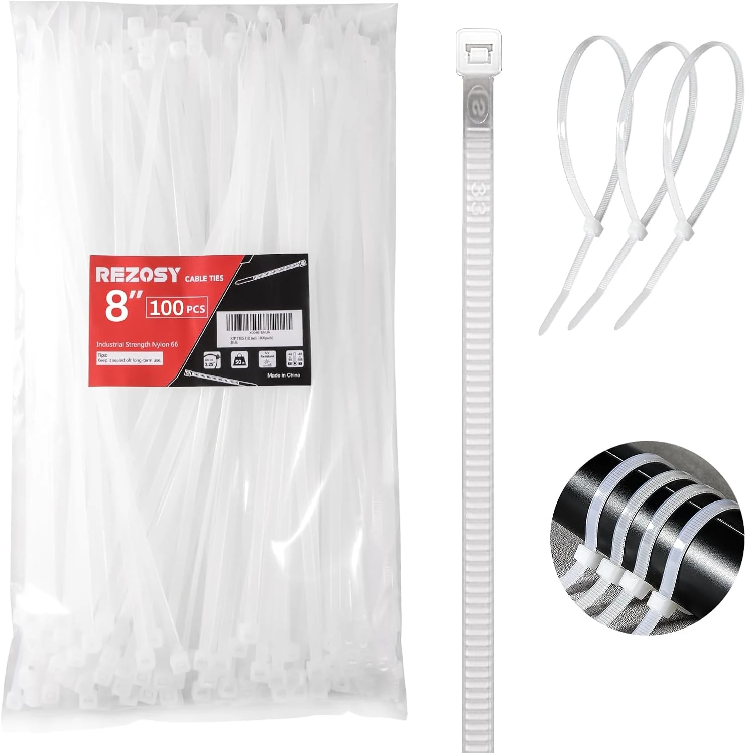 White Zip Ties 8 Inch 100 Pack Clear Tensile Strength 40 lbs UV Resistant Industrial Cable Ties Self Locking Zipties Wire Ties Wrap
