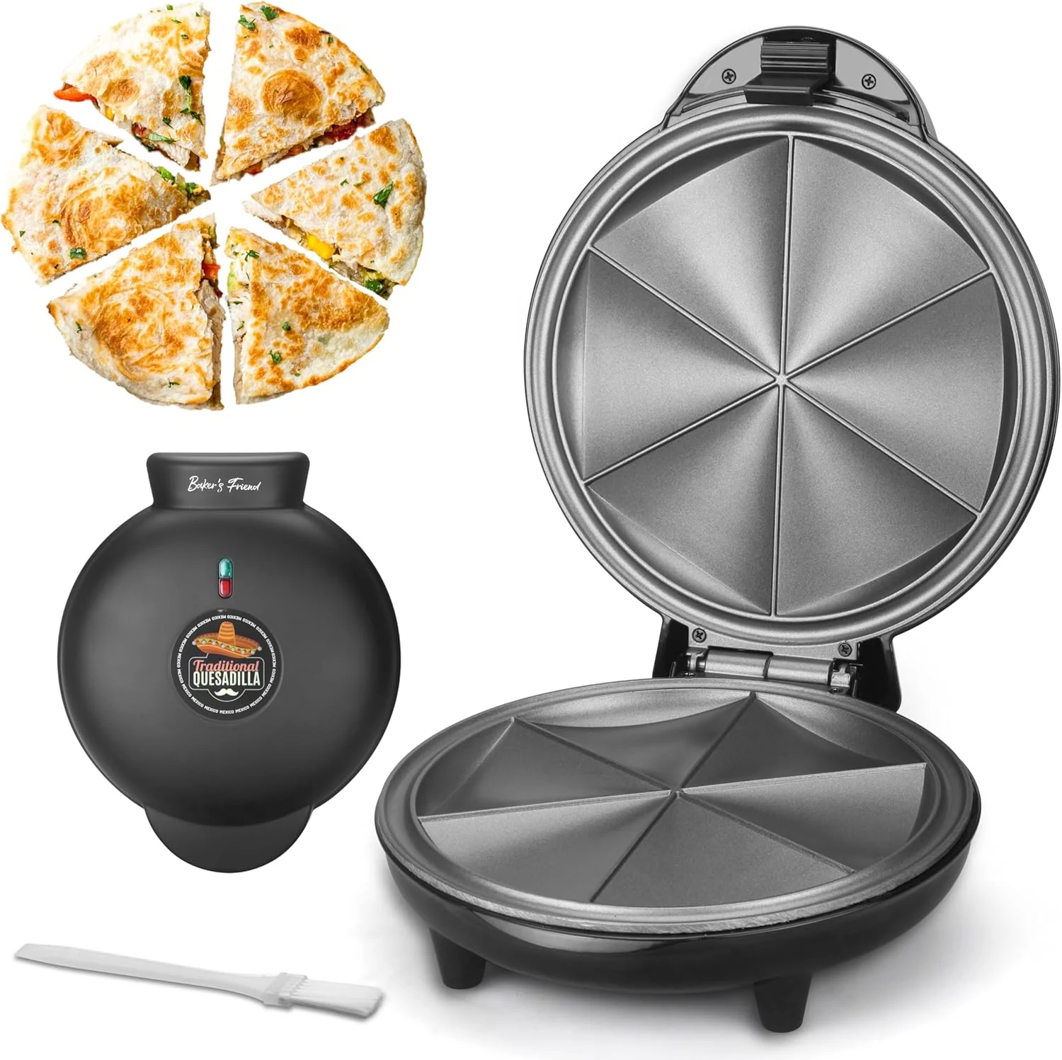 Baker's Friend Electric Quesadilla Maker with Extra Stuffing Design, 9.5 Inch with Easy Slice 6 Wedge