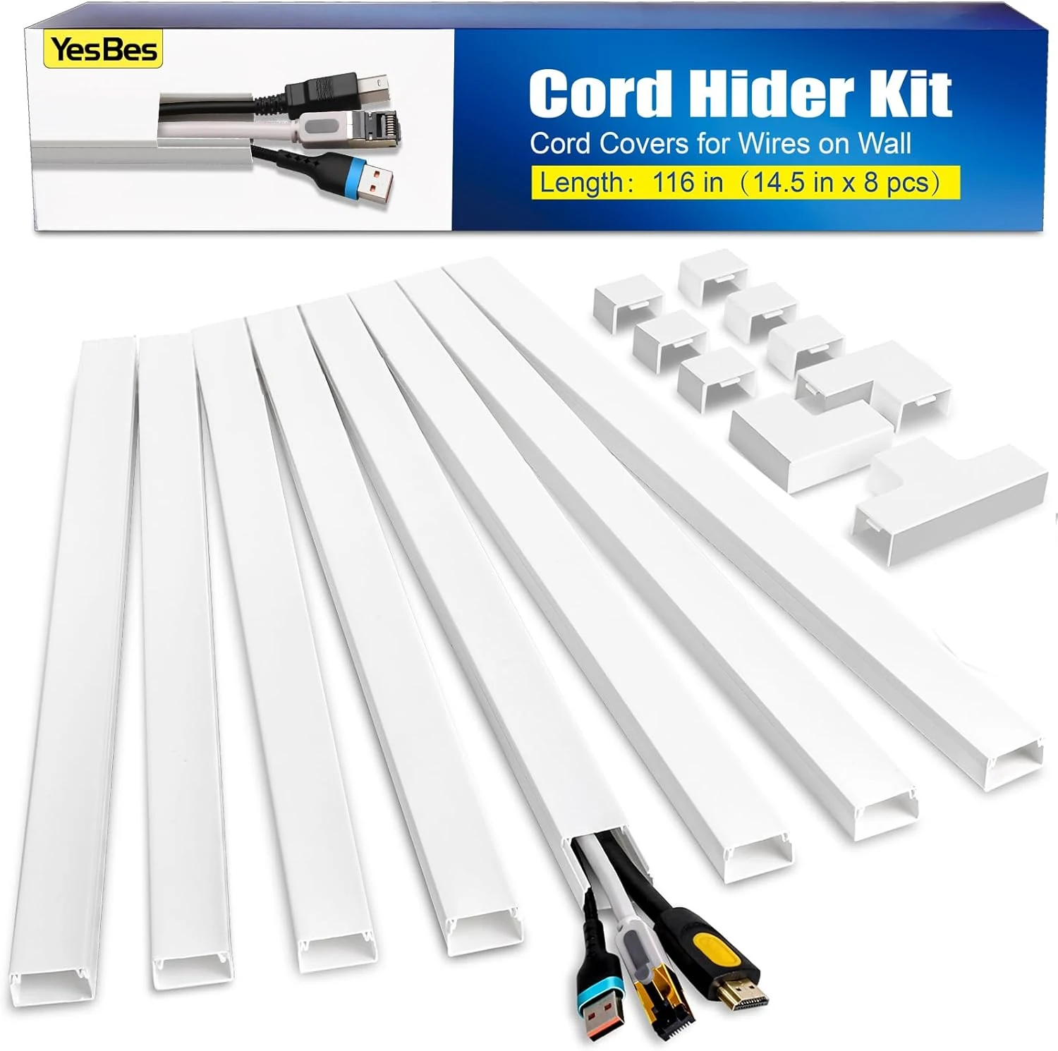 YesBes 116in Cord Hider Kit, Cord Covers for Wires on Wall