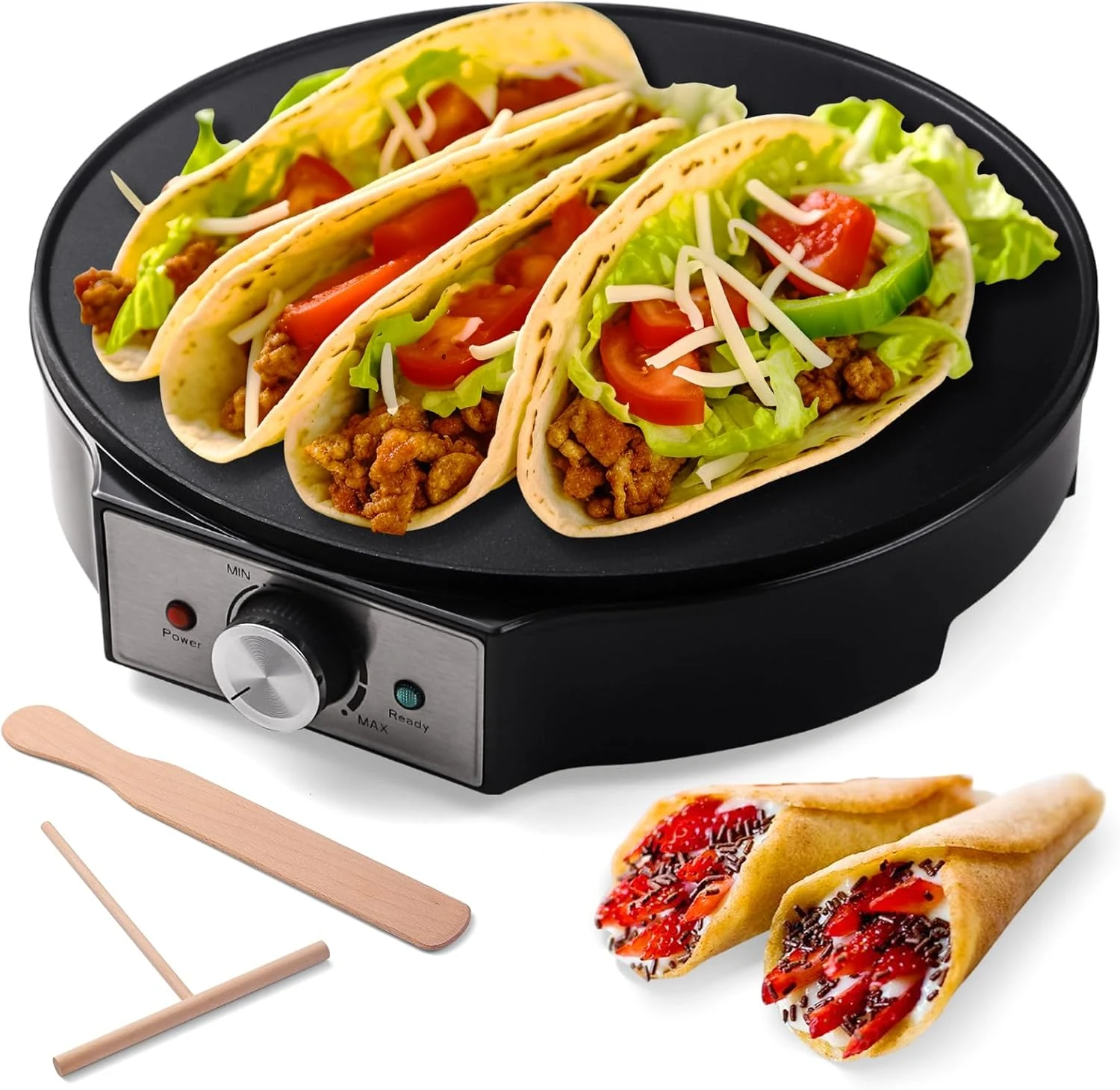 UVFAST Electric Crepe Maker 12'' & Griddle - Non-Stick Pan With Spreader for Roti, Tortilla, Blintzes, Pancakes - Adjustable Temperature, 1000W
