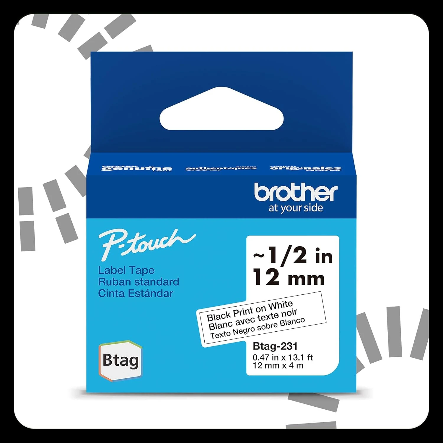 Brother Genuine P-Touch Btag BTAG231 Black on White Label Tape (12mm x 4m)
