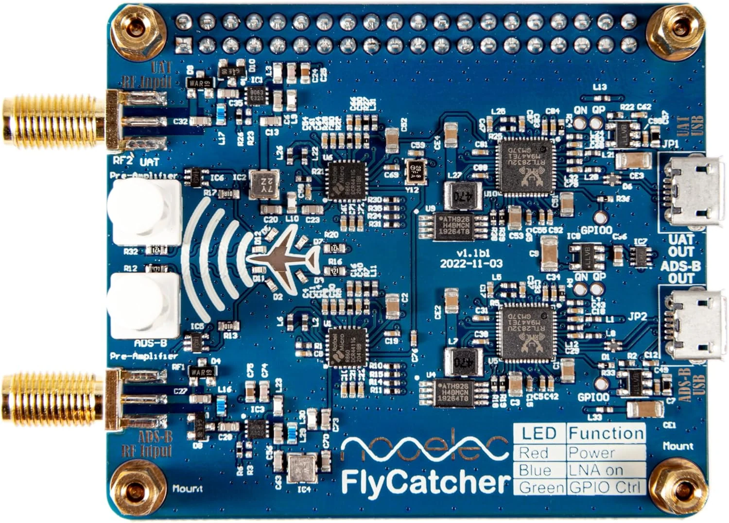 Nooelec Flycatcher - Dual-Channel RTL-SDR Raspberry Pi HAT for ADS-B and UAT flight tracking