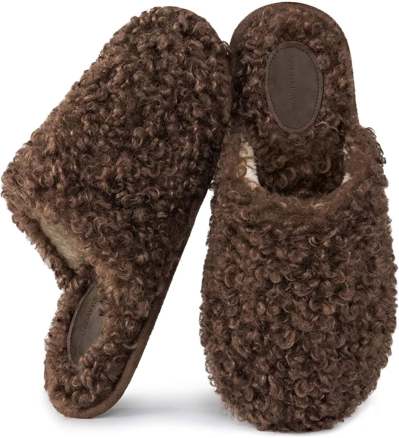 Snug Leaves Women’s Scuff Slippers Furry Cute Curly Faux Wool Slip-on Indoor Memory Foam House Shoes