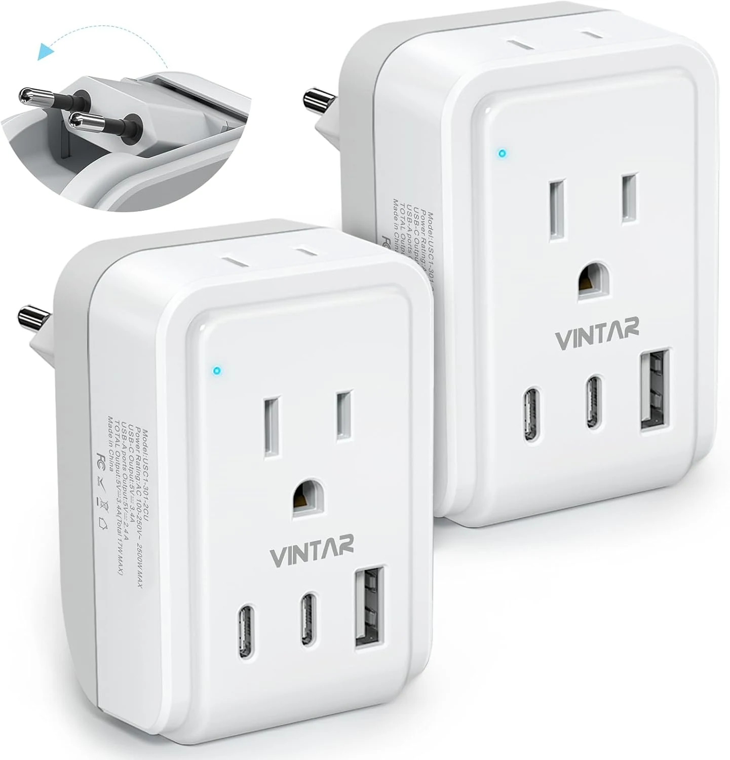 2 Pack European Travel Plug Adapter, VINTAR Foldable International Power Adapter with 2 AC Outlets 3 USB Charging Ports(2 USB C)