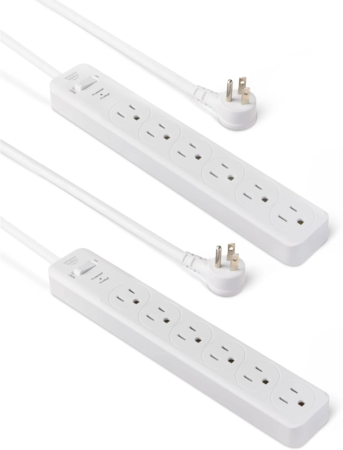 Amazon Basics Rectangle 6-Outlet Surge Protector Power Strip with Circuit Breaker, 600 Joule, 2ft Cord, White, 2-Pack