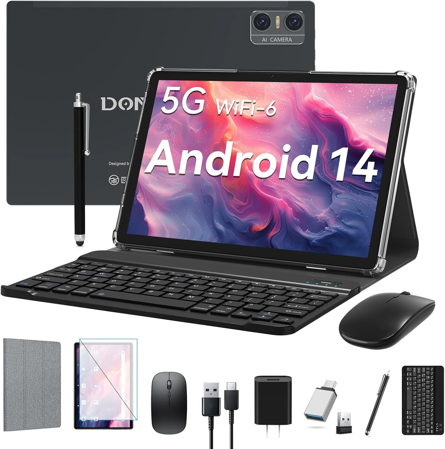 DOMATON 10.1-inch Android Tablet (4+4)GB RAM, 64GB ROM, 1TB Expansion, with Keyboard, Stylus, and Case