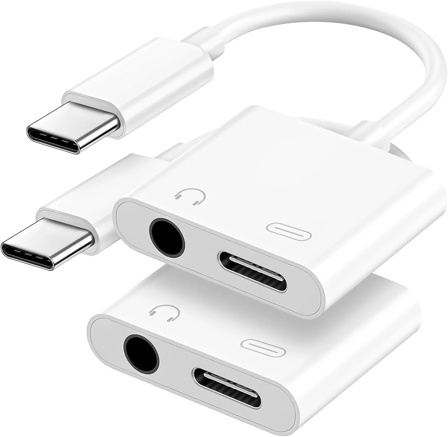 USB C to 3.5mm Headphone and Charger Adapter, 2-Pack Type C to Aux Jack Dongle Cable Cord with PD Fast Charging for iPhone 15/16/17 Pro/Max/Plus, iPad, Samsung Galaxy S22/S23/S24 Ultra (White)