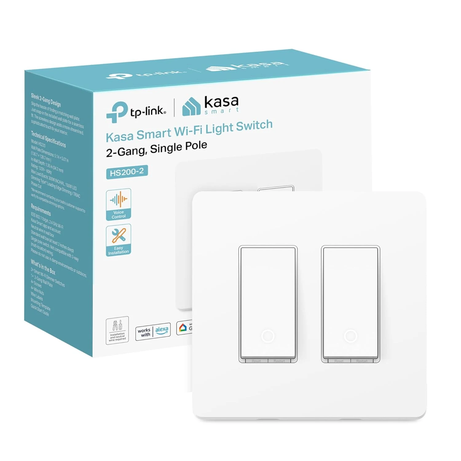 Kasa Smart Switch 2-Gang HS200-2, Single Pole,Neutral Wire Required, 2.4GHz Wi-Fi Light Switch