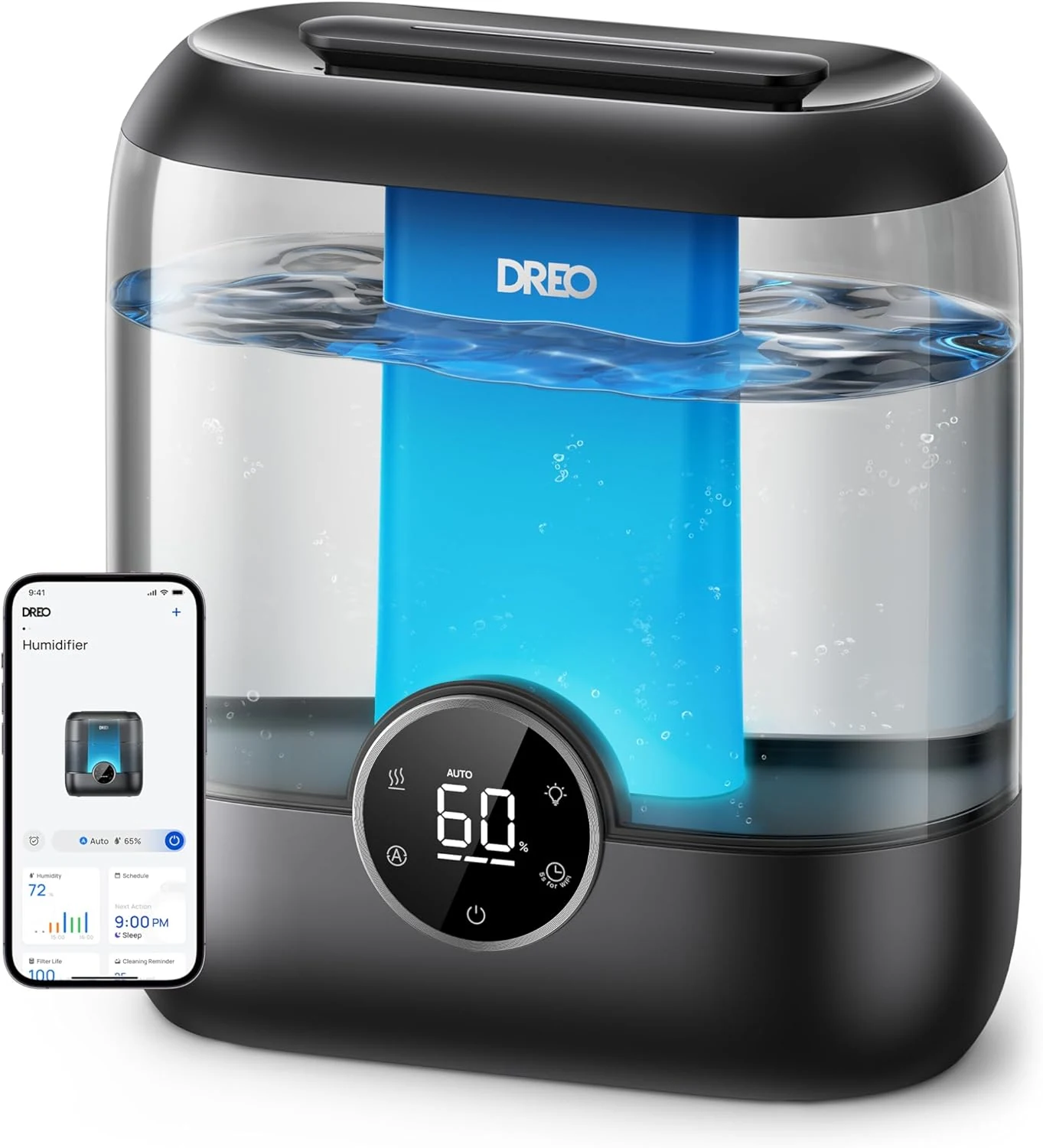 DREO Smart Humidifiers for Bedroom, 6L Top Fill Supersized Cool Mist Humidifier for Large Room, 60 Hour Runtime, Quiet Ultrasonic Humidifier for Plants, Indoor, Home, Night Light, Black