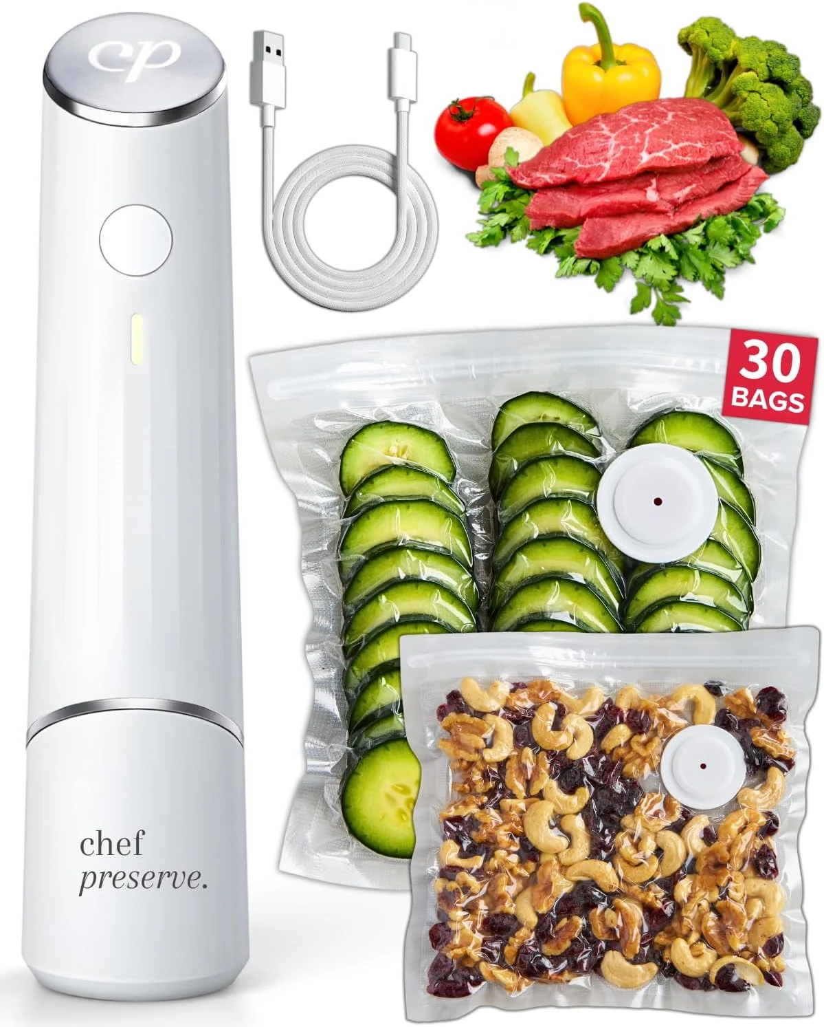 Chef Preserve Compact Vacuum Sealer for Food (Vacuum Sealer Machine + 30 Reusable Vacuum Bags)