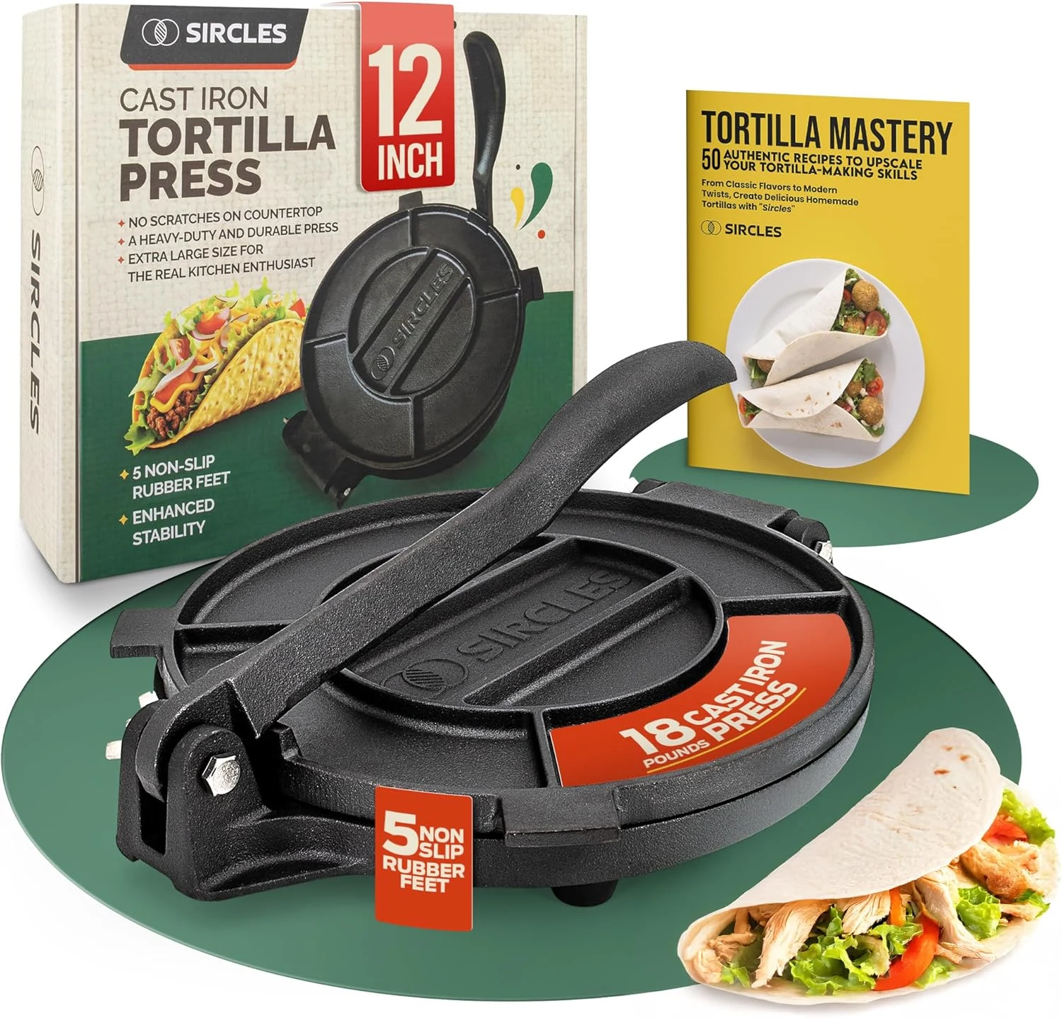 SIRCLES Cast Iron Tortilla Press 12 Inch – Heavy Duty