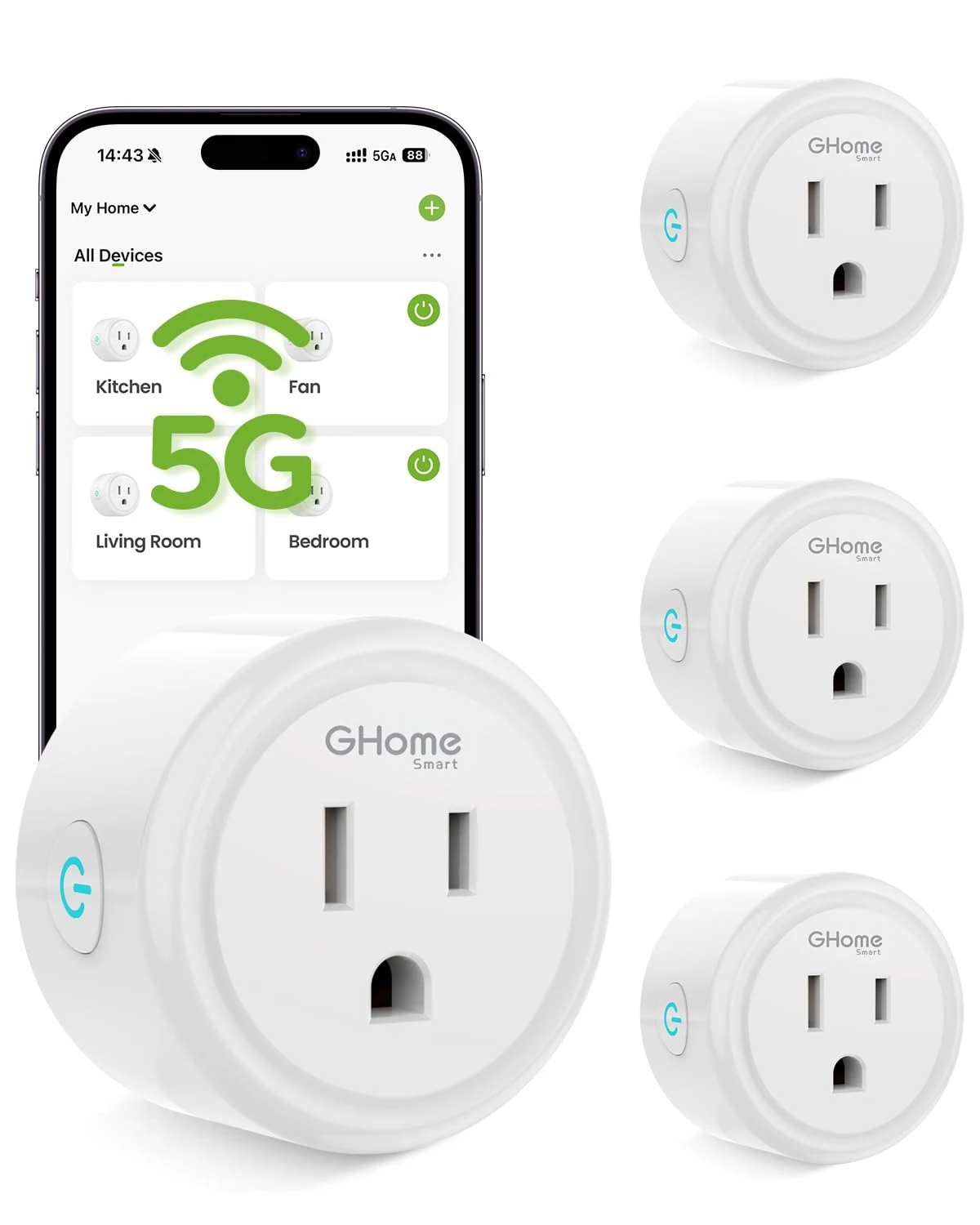 GHome Smart 5G 15A WiFi Smart Plug Compatible with Alexa and Google Home (4 Pack)