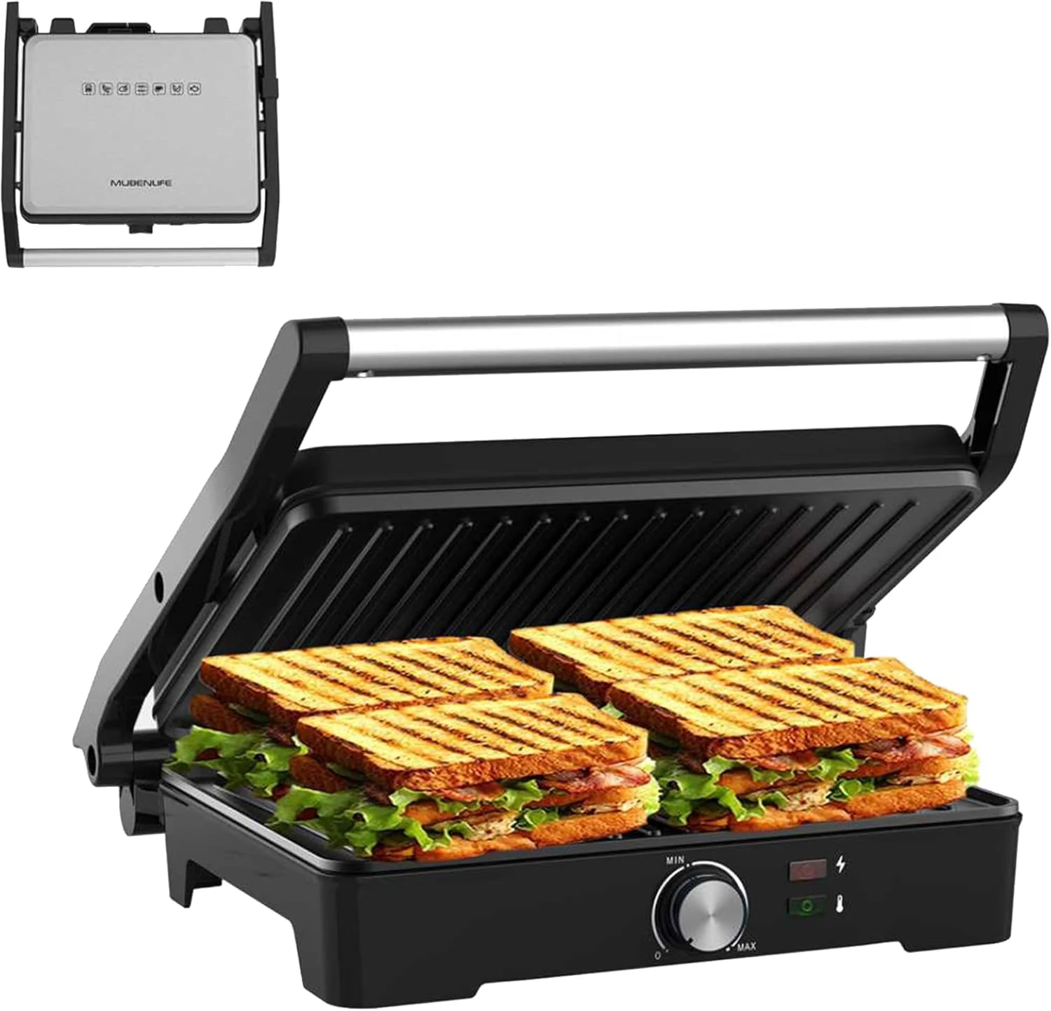 MUBENLIFE 180 Degree Open Panini Press Grill (4-Slice)