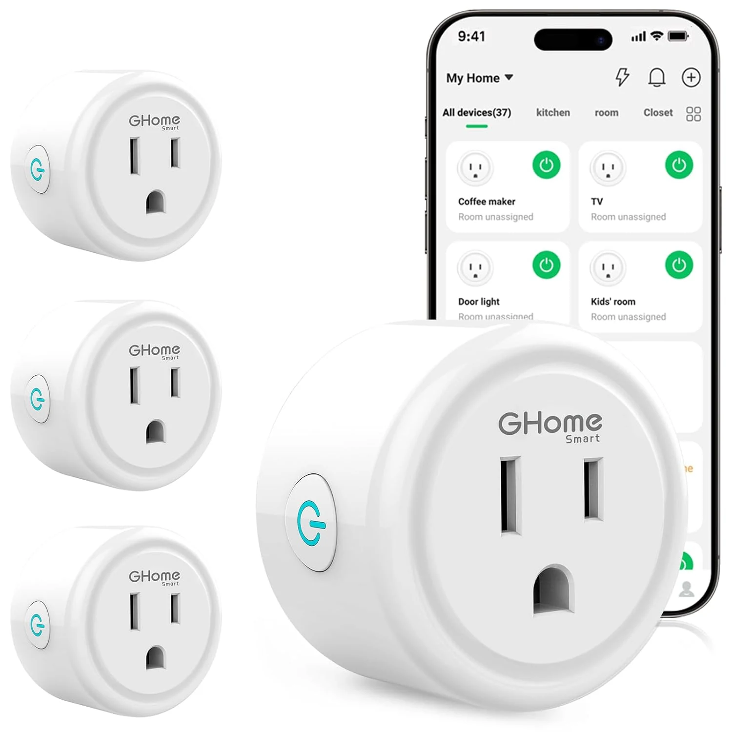GHome Smart Plug, WiFi Smart Plugs Work with Alexa and Google Home, Smart Outlet Timer with APP Remote Control (2.4GHz Wi‑Fi)
