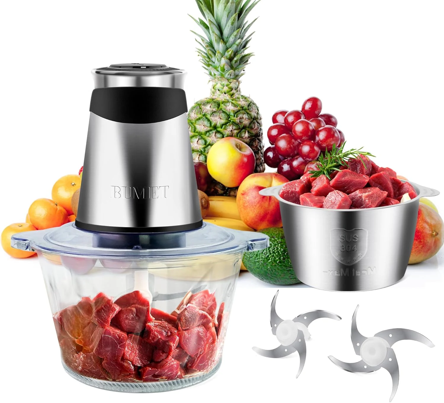 BUMET Electric food processor vegetable chopper 500W 2x8cup bowls 2