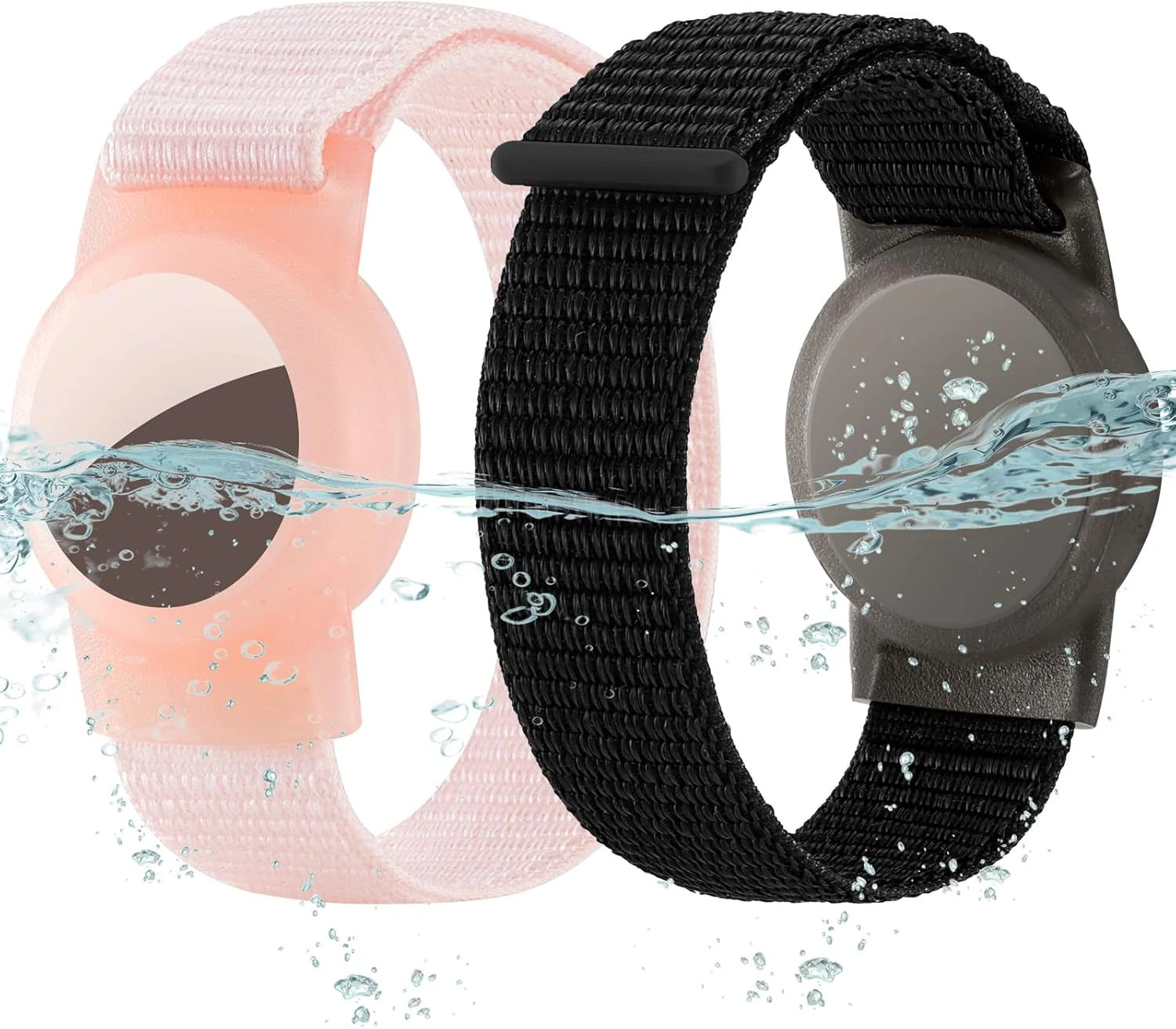 Waterproof Bracelet for Airtag (Gen 1 & 2) Kids 2 Pack, Soft Nylon Hidden Air Tag Wristband Full Cover Lightweight GPS Holder Compatible with Apple AirTag Band for Toddler Child (Black & Pink)