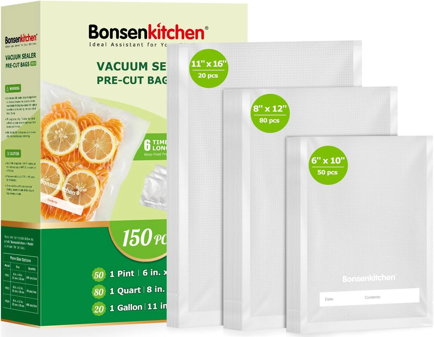 Bonsenkitchen Vacuum Sealer Bags, 20 Gallon 11" x 16"+ 80 Quart 8" x 12"+ 50 Pint 6" x 10" (VB15)