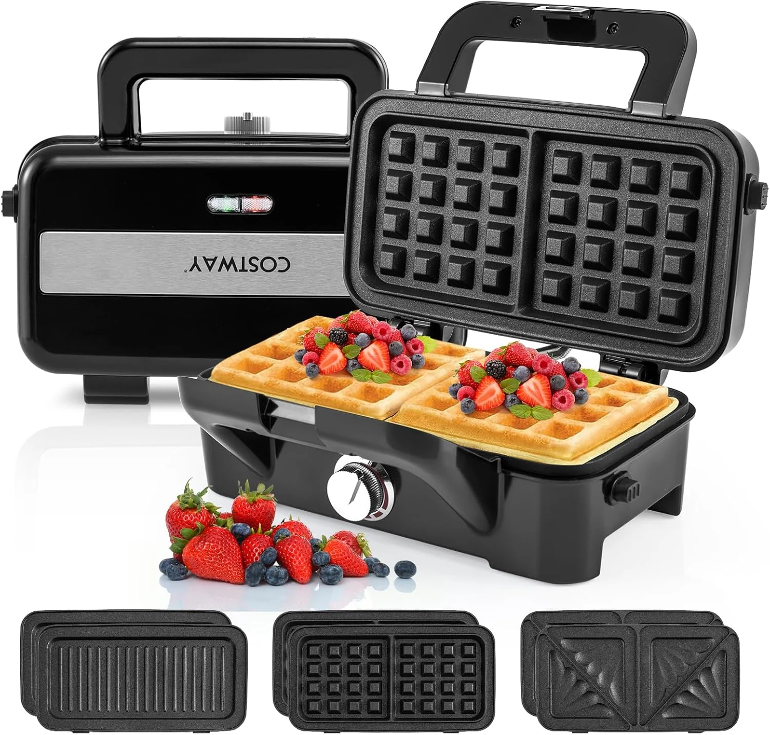 COSTWAY 1200W Waffle Maker with Removable Non-Stick Plates, Panini Grill Press, 3-in-1 Sandwich Maker