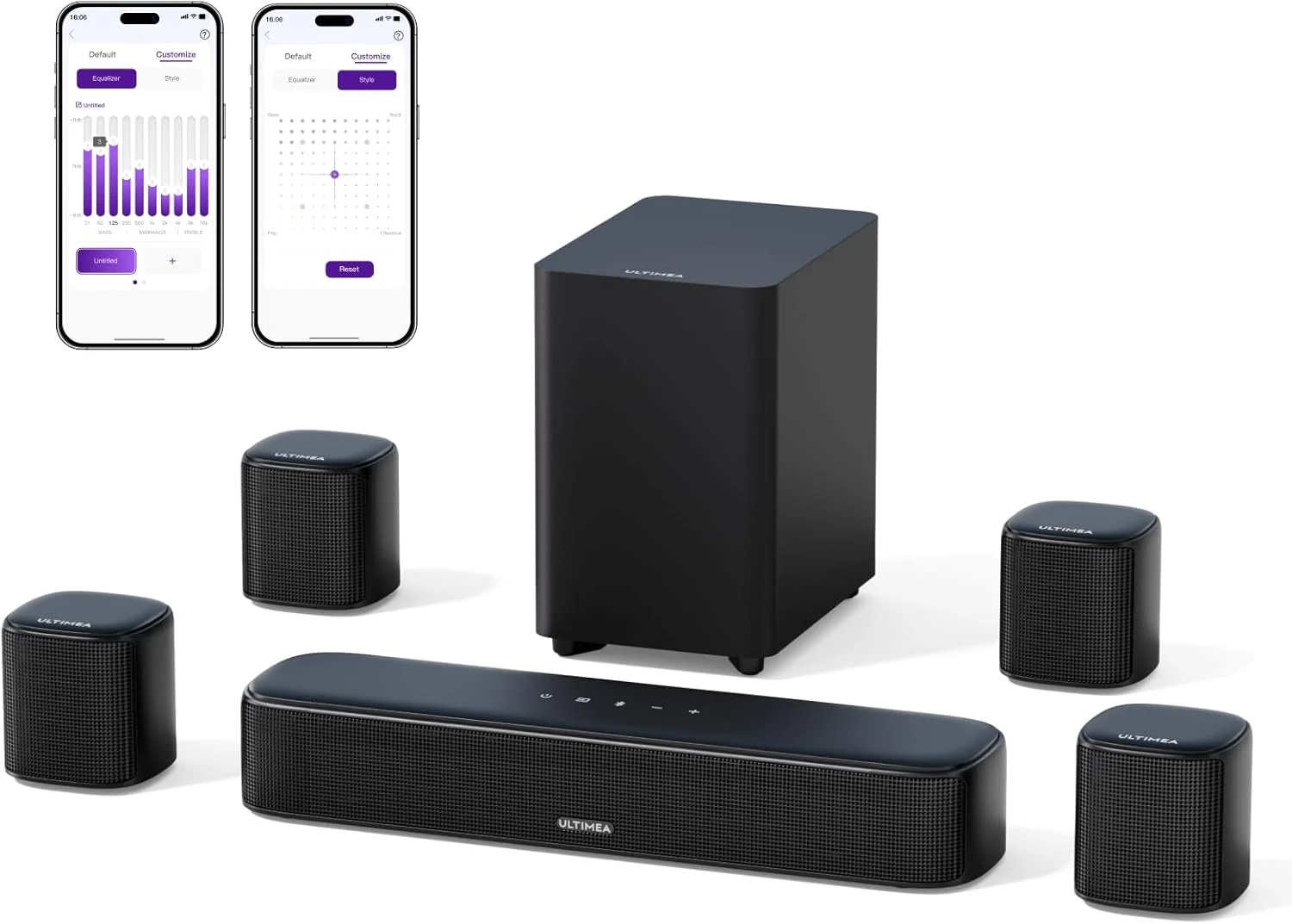 ULTIMEA 7.1ch Virtual Surround Sound Bar, Sound Bar for Smart TV with 4 Surround Speakers, Peak Power 330W, Surround Sound System for TV, App Control, TV Soundbar with Subwoofer, Opt/AUX/BT, Aura A40