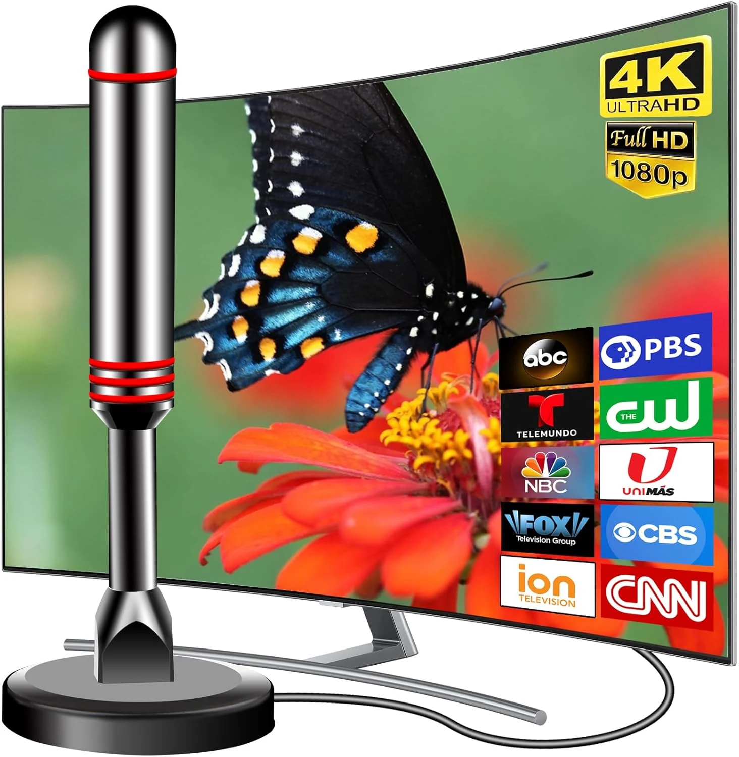 ATVFuture TV Antenna for Smart TV Indoor, 2024 Newest Antenna with Strong Magnetic Base, 360°&Long Range Reception TV Antenna for Local Channels (Black+Red)