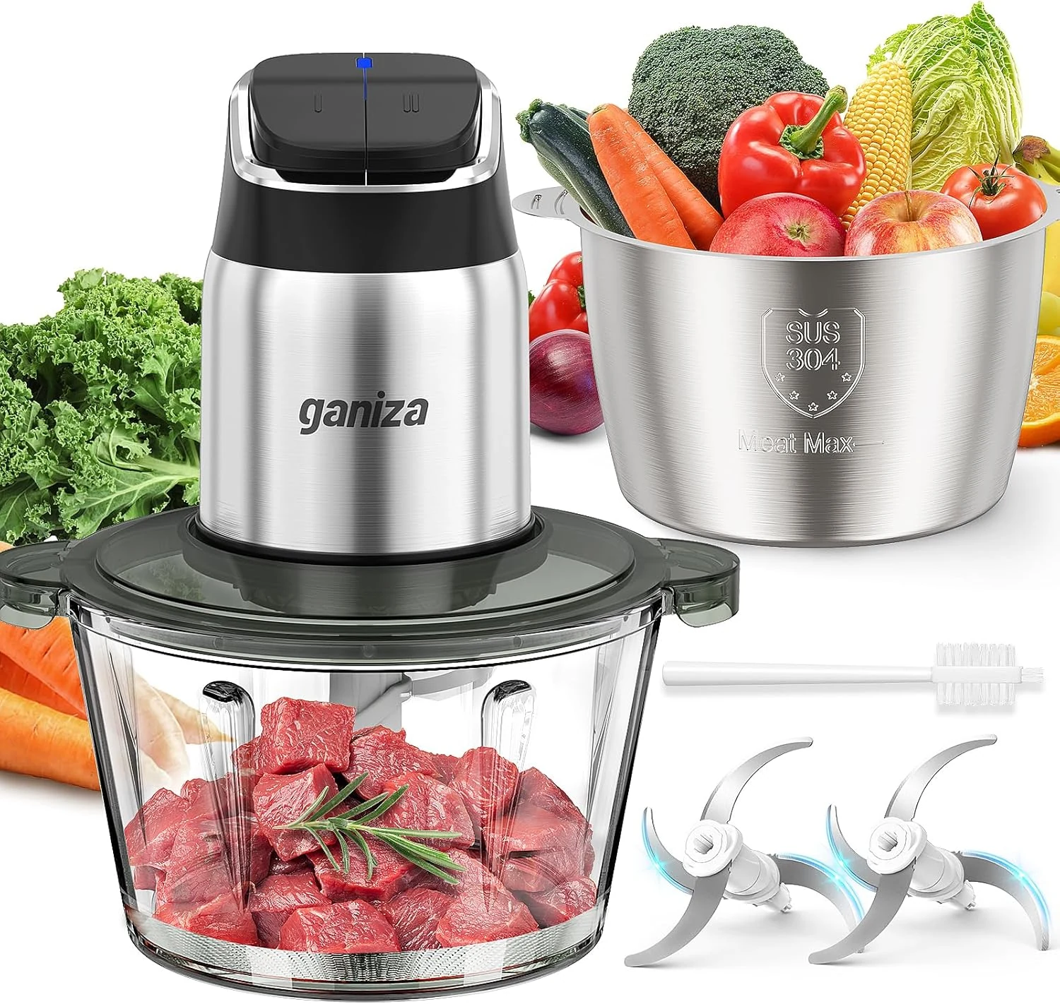 Ganiza Food Processor, 2-Speed Food Chopper Meat Grinder with 8 Cup Stainless Steel & 8 Cup Glass Bowls