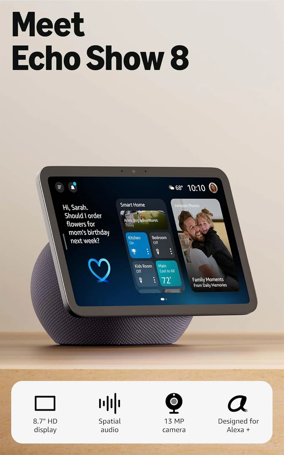 Amazon Echo Show 8 (newest model), Vibrant HD 8.7" display with spatial audio, Designed for Alexa+, Graphite