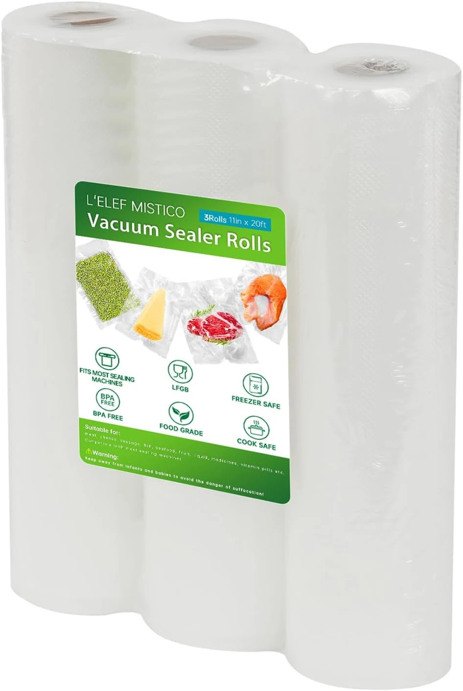 L'ELEF MISTICO Vacuum Sealer Bags for Food, 11''X20' (3 Rolls)
