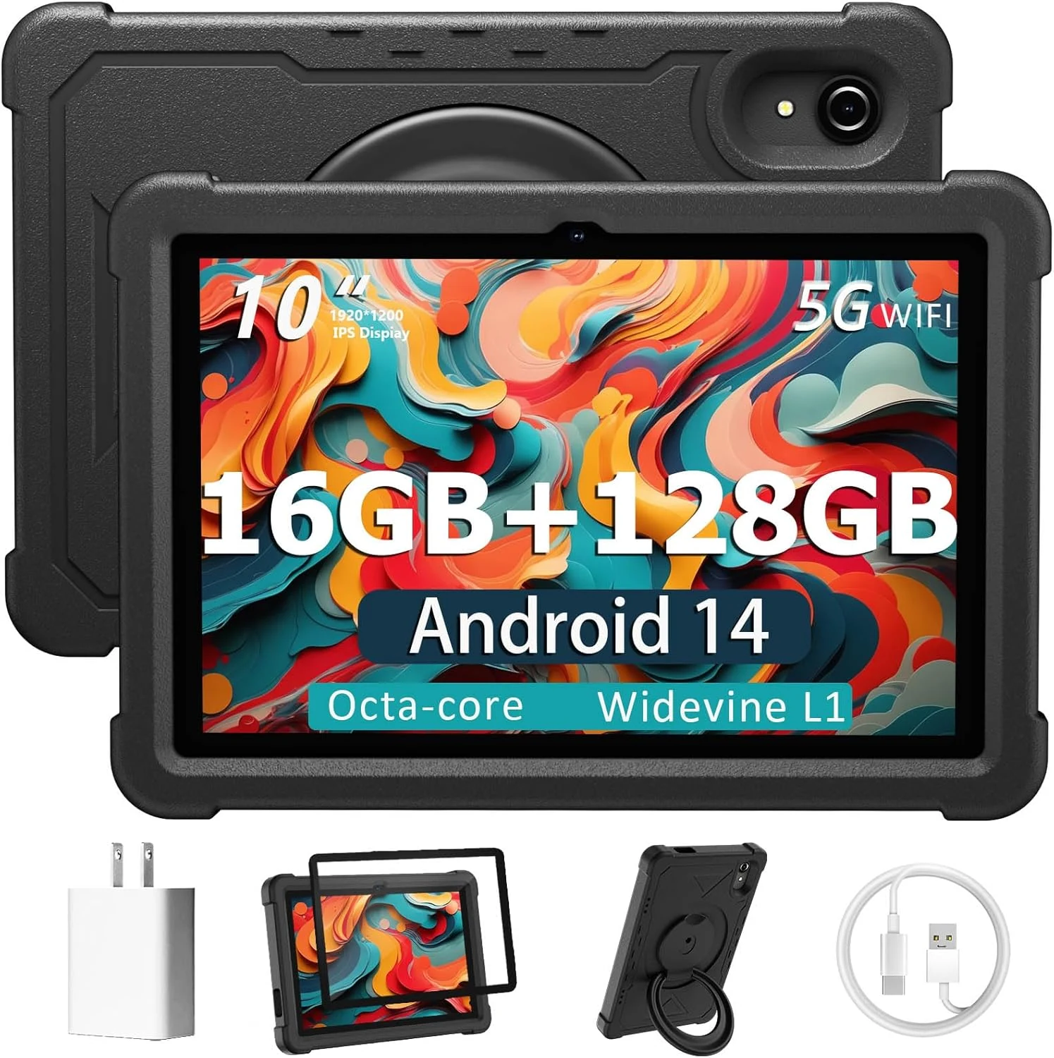Tablet 10 Inch Android 14 Tablet, 16GB RAM 128GB ROM, 1TB Expansion, Octa-core, Large Capacity Battery, 5MP + 8MP Dual Camera, 5G/2.4G WiFi, Bluetooth 5.0, GPS, Drop-Proof Case - Black