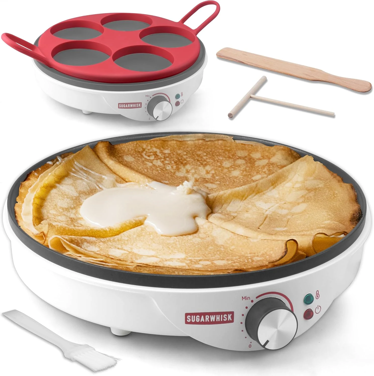 SugarWhisk Crepe Maker Electric, Crepe Pan 12 Inch with 5 X 4” Silicone Molds
