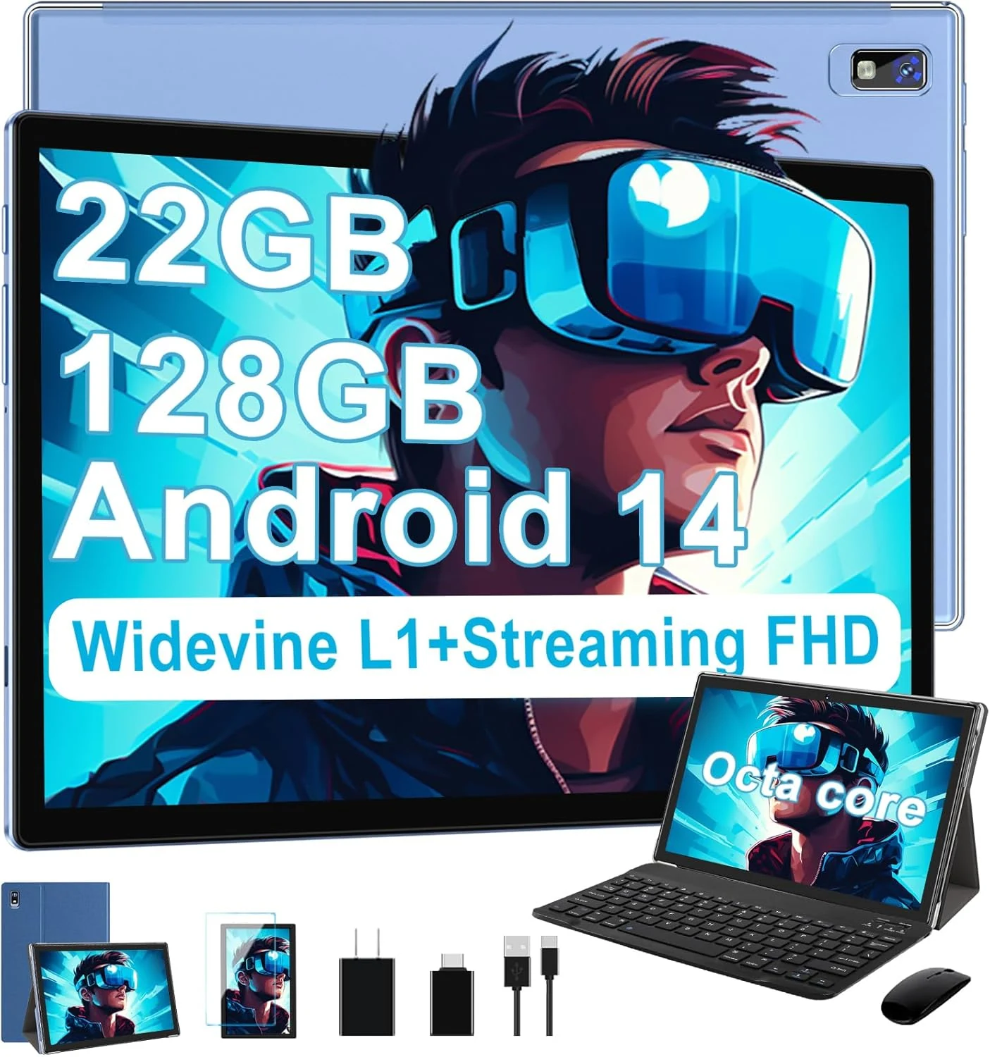 2025 Tablet 10 Inch Tablets with 22GB RAM 128GB ROM (R900) with Keyboard, Mouse, Android 14, GPS