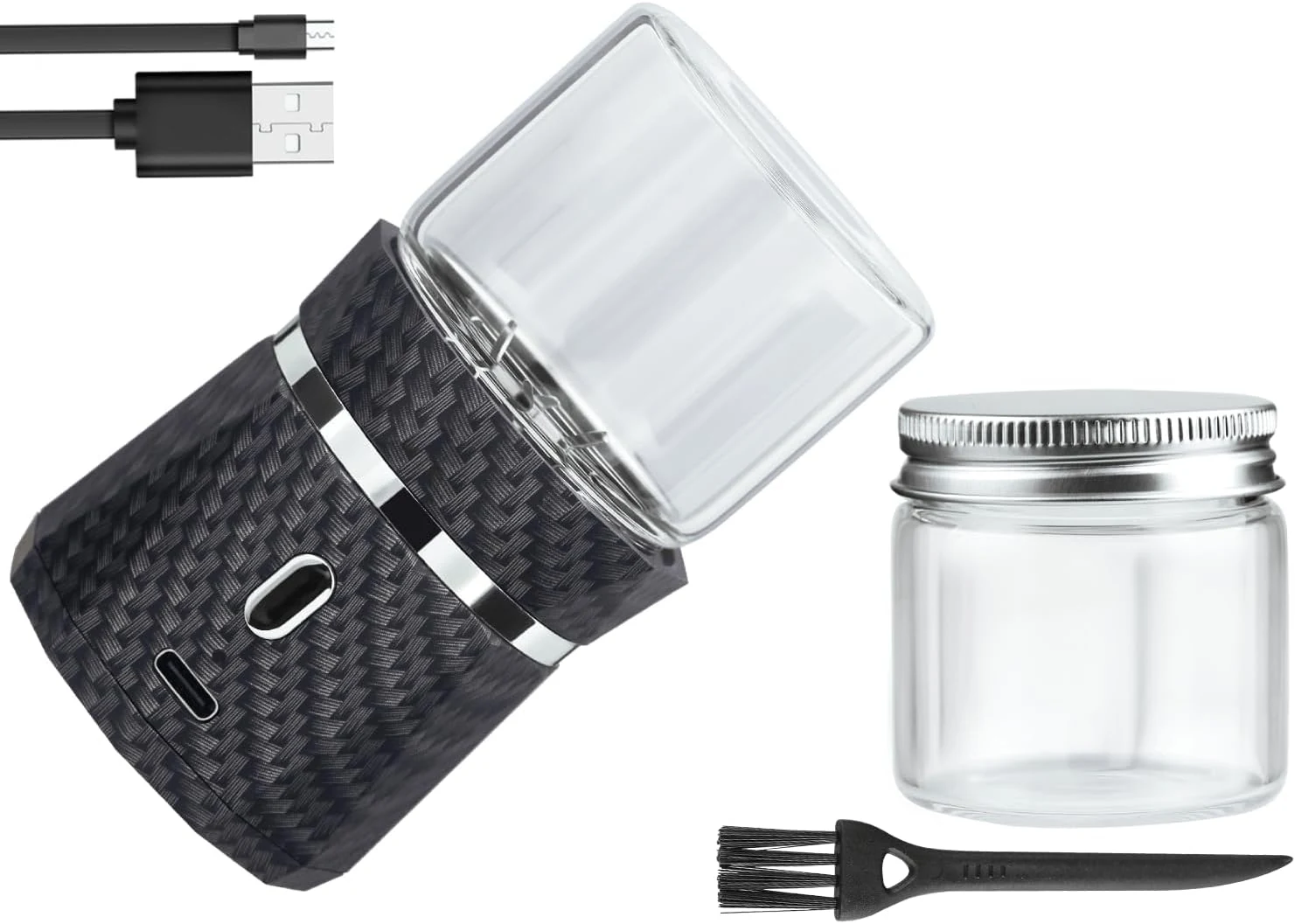 Electric Grinder Automatic Mini Size Spice Crusher with 2PCS Glass Jar of 1.7oz/50ml Rechargeable (not for grinding nut & coffee bean), Carbon Fiber Pattern