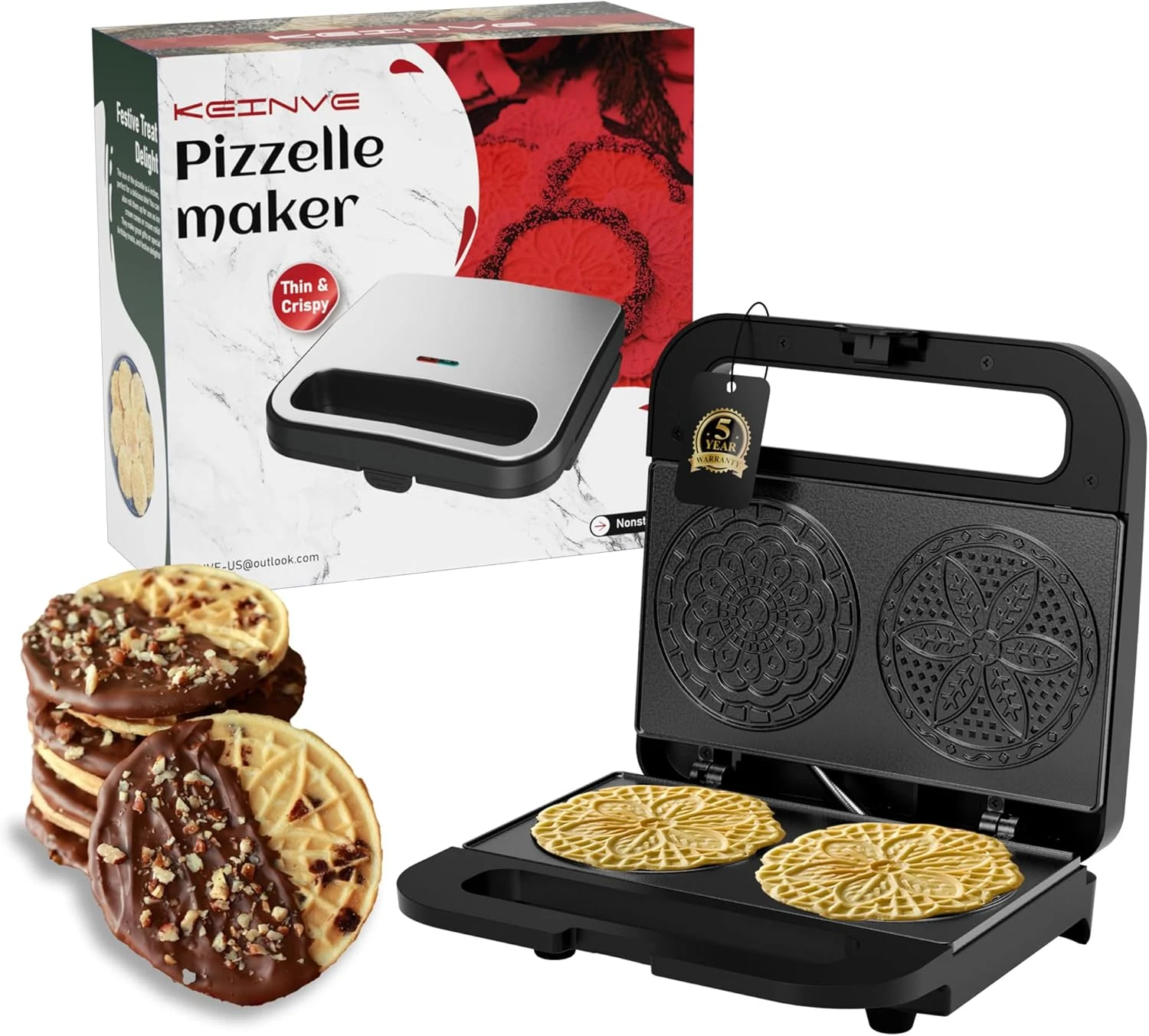 KEINVE Mini Ceramic-Coated Pizzelle Maker (2 x 4-inch)